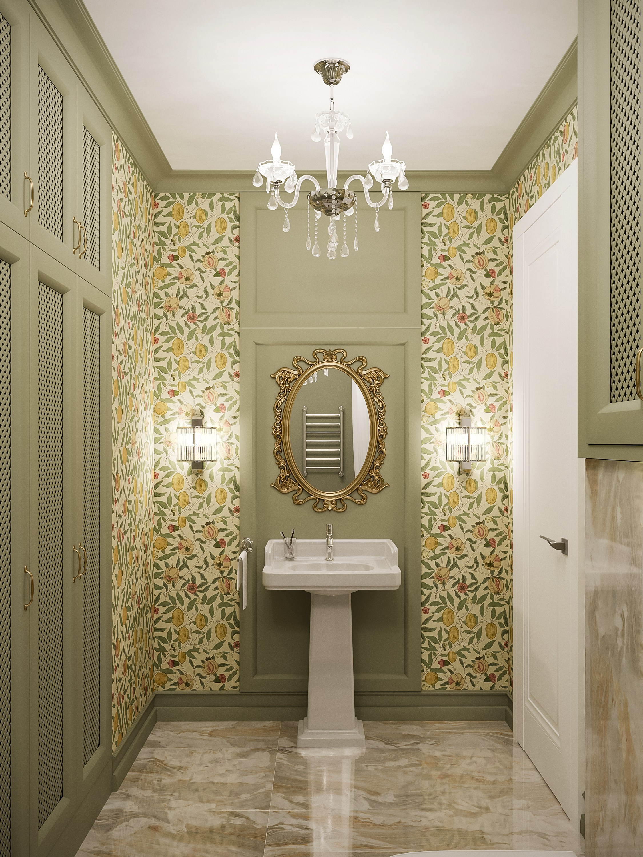 интерьер ванной комнаты в классическом стиле с резным зеркалом и обоями 