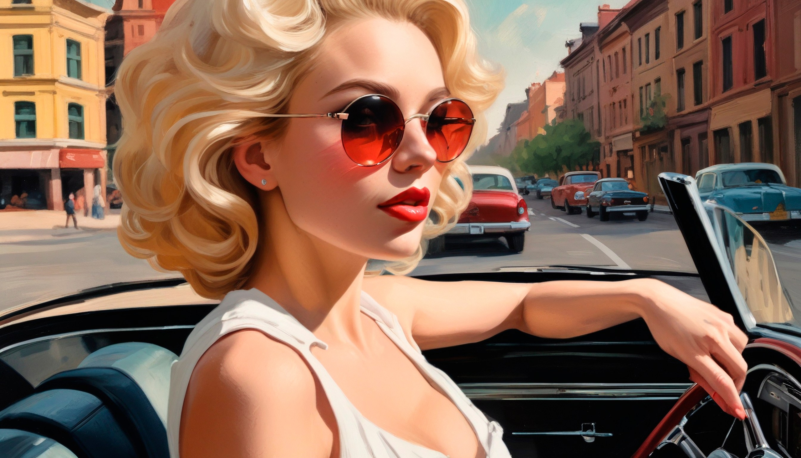 Blonde, similar to Marilyn Monroe, driving an open car, watercolor drawing...