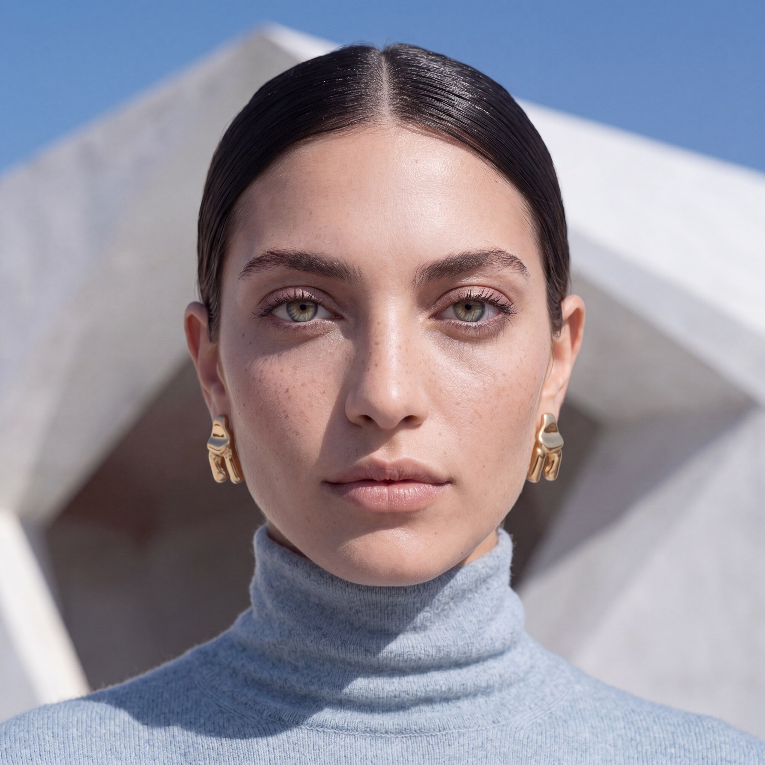 Имиджевая ИИ-фотосессия: портрет AI-модели в голубом гольфе, для формирования уникального образа уровня глянца в соцсетях