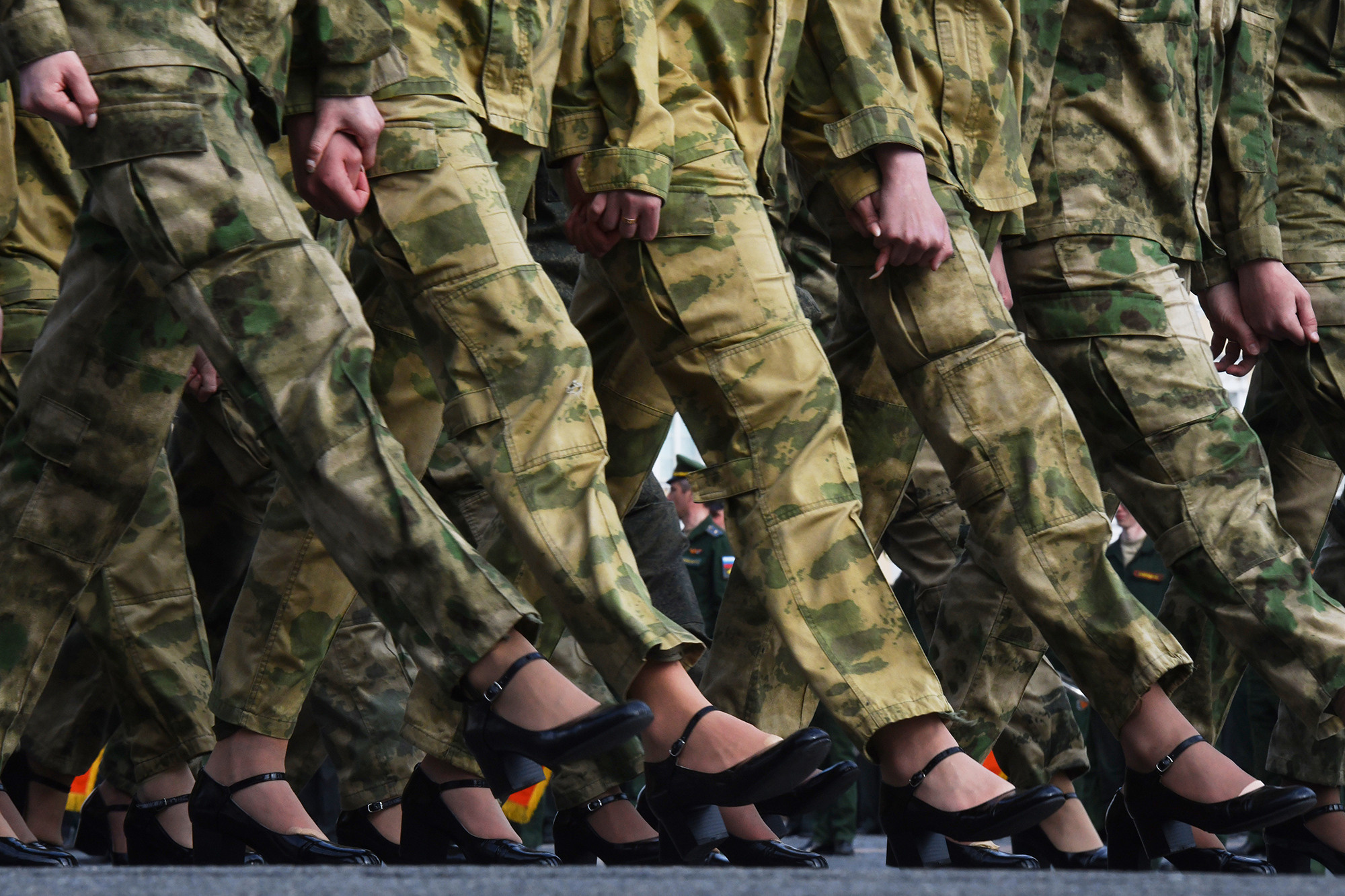 Women march during a rehearsal for the Victory Day parade commemorating the Great Patriotic War. St. Petersburg, April 25, 2023.