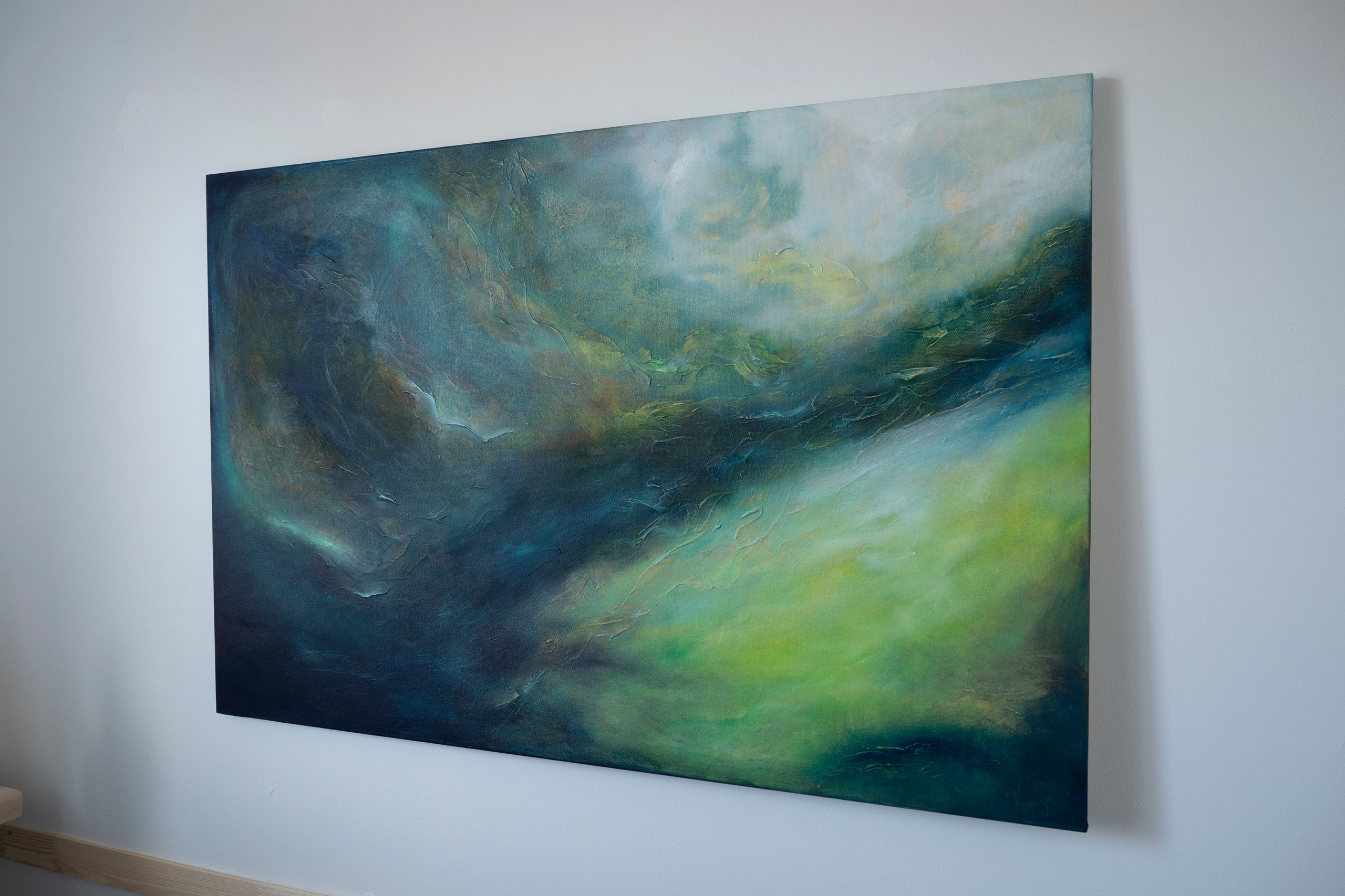 Abstract oil painting of deep green and blue swirling shapes. Pavel Korshun — Contemporary Plein Air