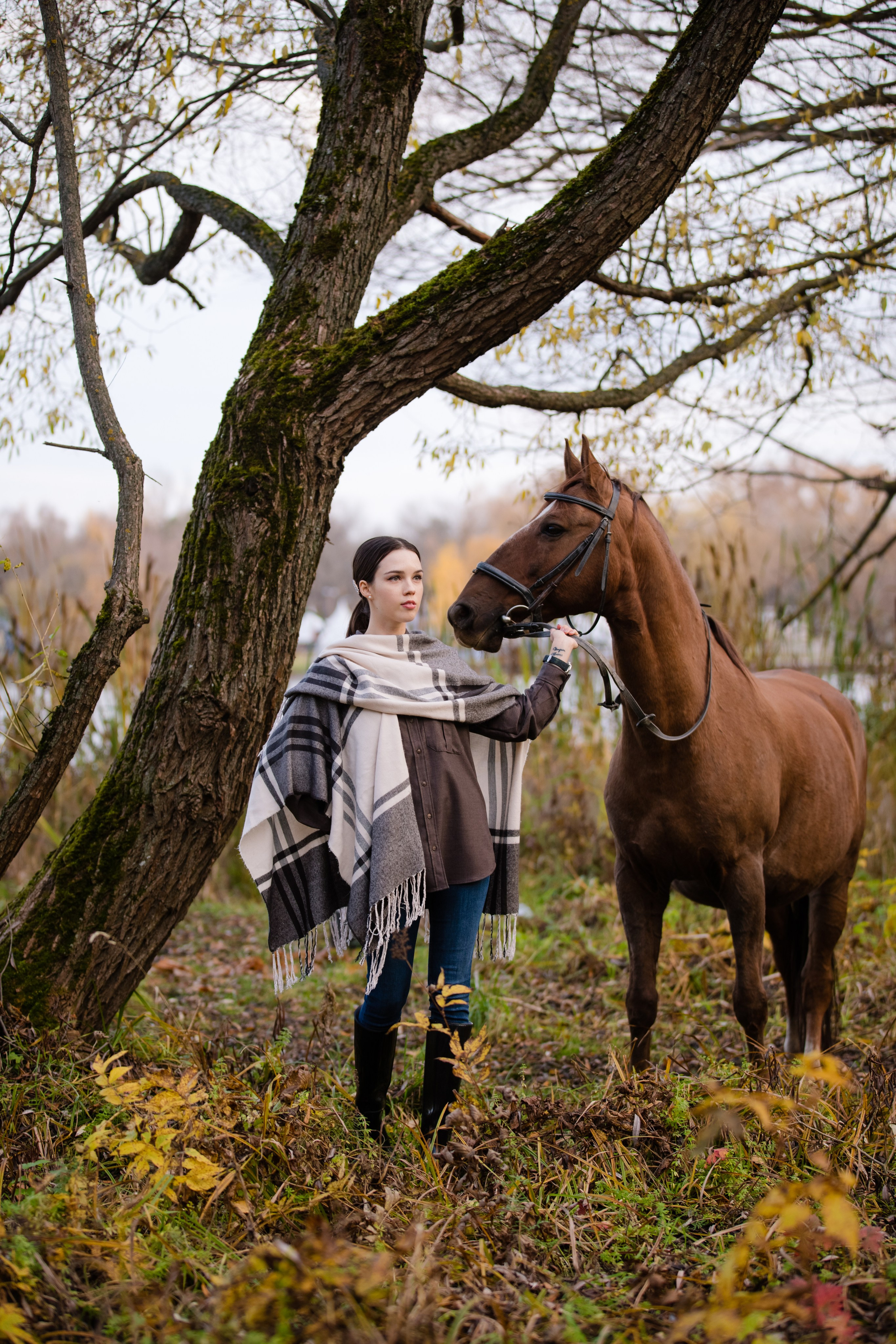 Девушка стоит рядом с лошадью и смотрит вдаль