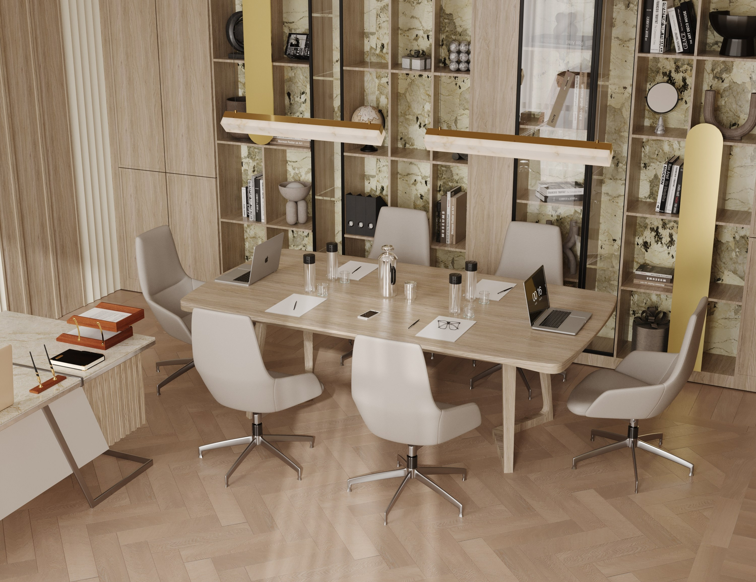 Интерьерная визуализация современного кабинета директора с большим переговорным столом 