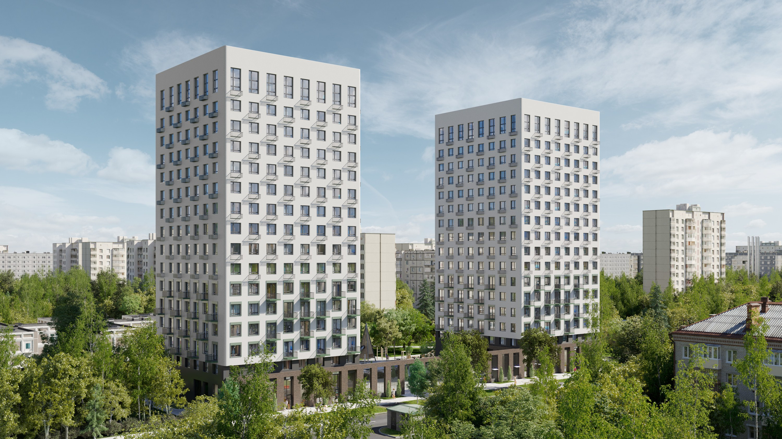 Архитектурная визуализация двух светлых многоэтажных жилых домов в Жилом комплексе Стрижи