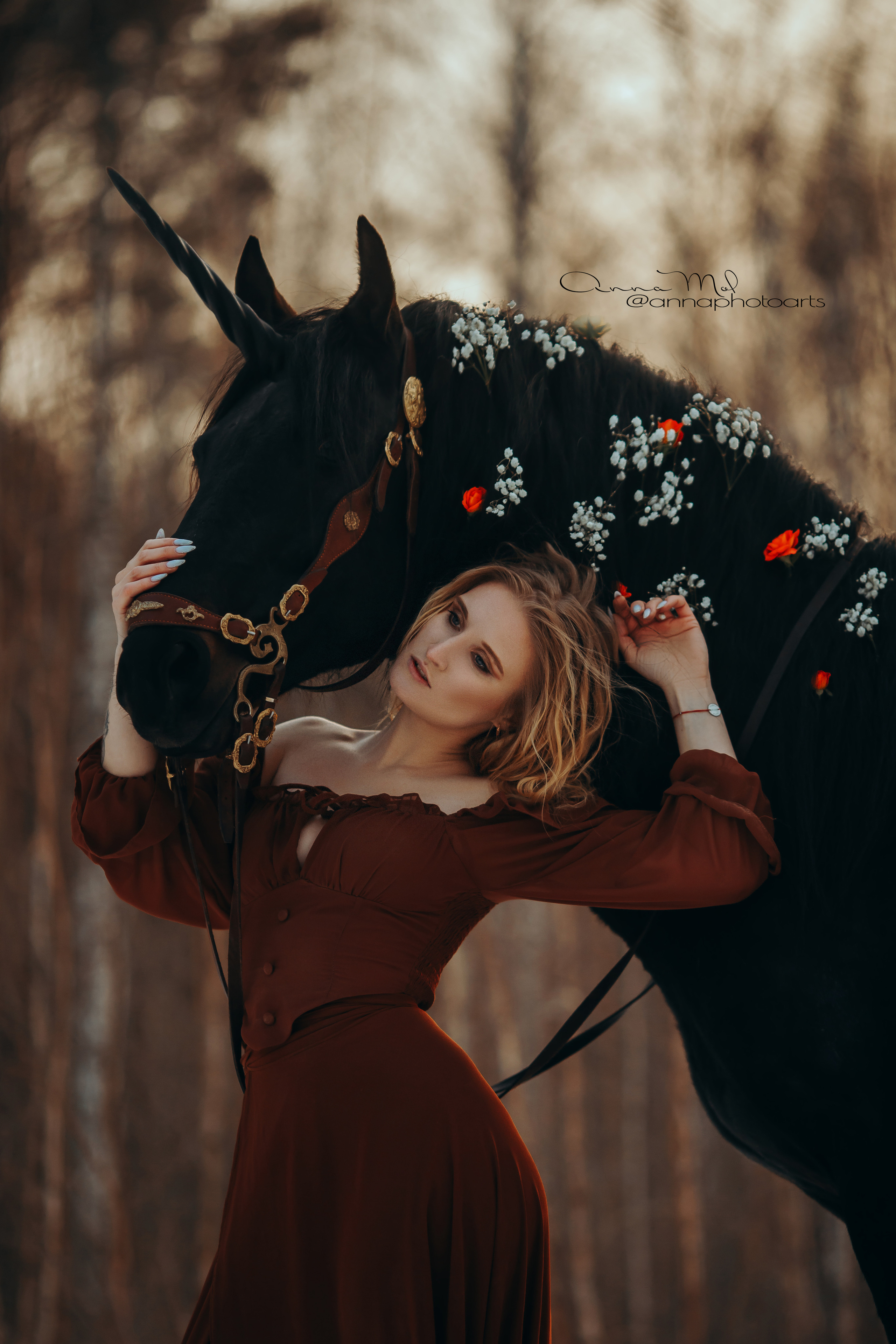 Коричневый комплект - топ 44-46. Юбка универсальная до 46 размера. Черный рог единорога - украшение для лошади.