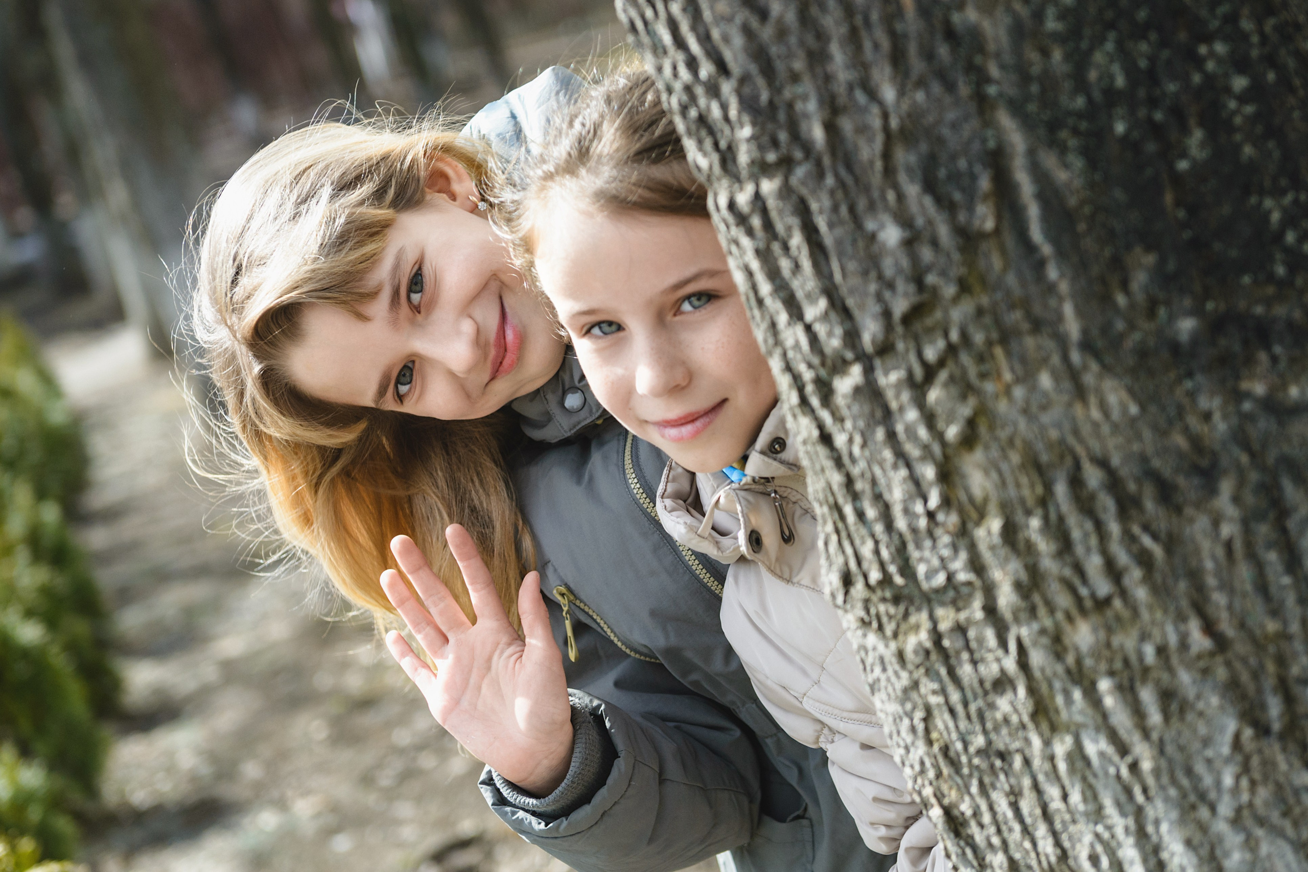Две девочки выглядывают из-за дерева на прогулке