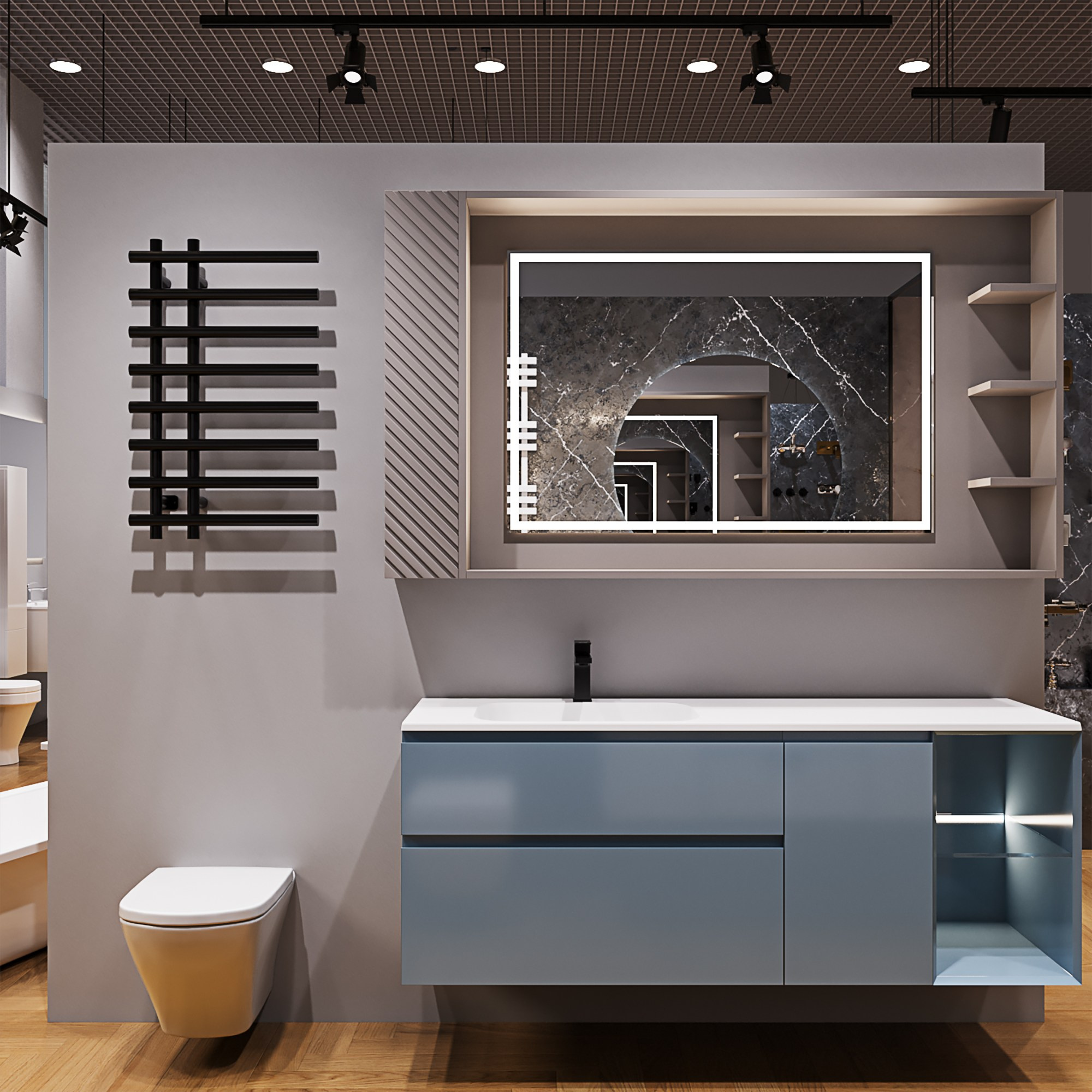 Современная подвесная тумба голубого цвета с интегрированной раковиной и дизайнерскими полками