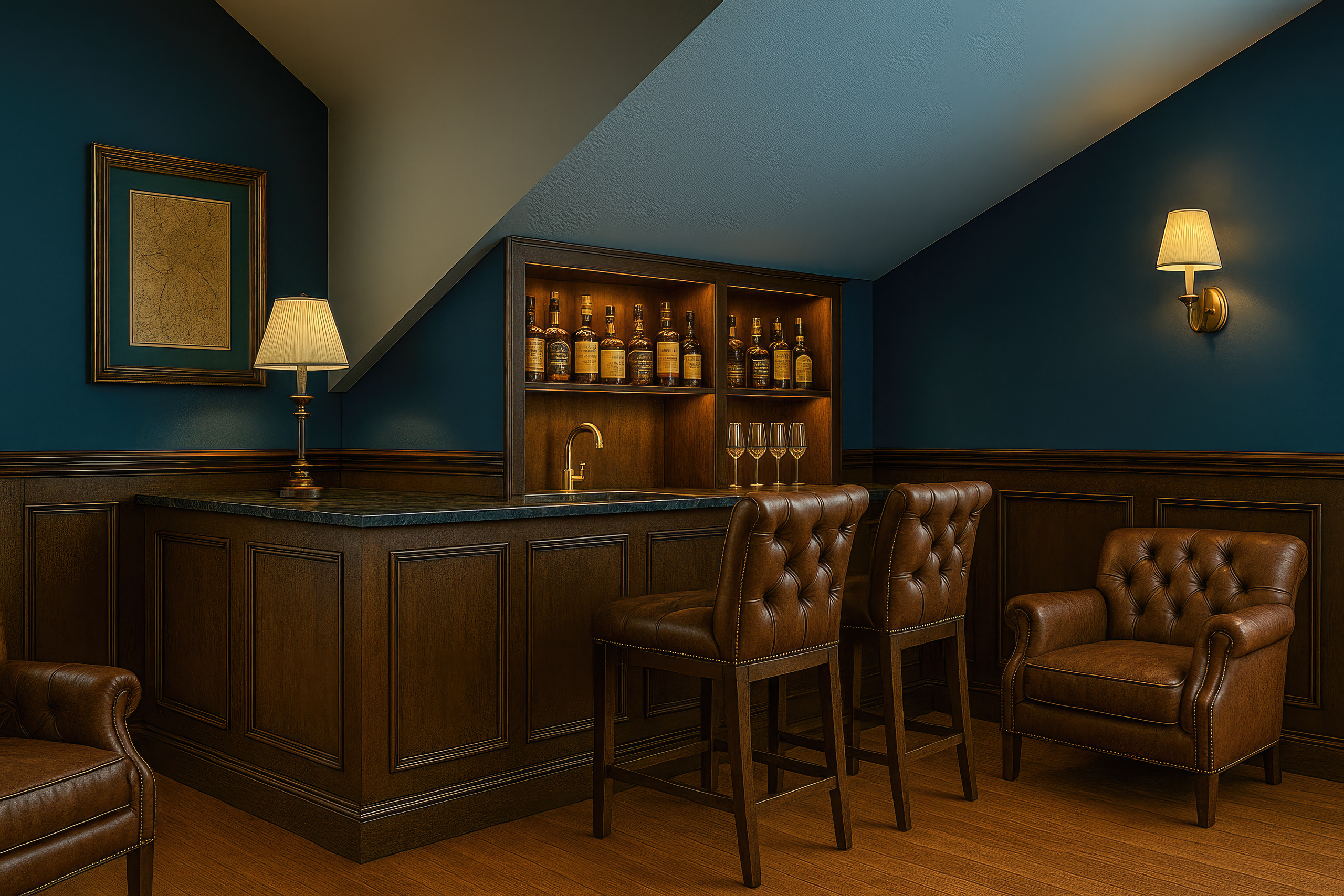 Интерьер барной зоны с темно-синими стенами и деревянной стойкой