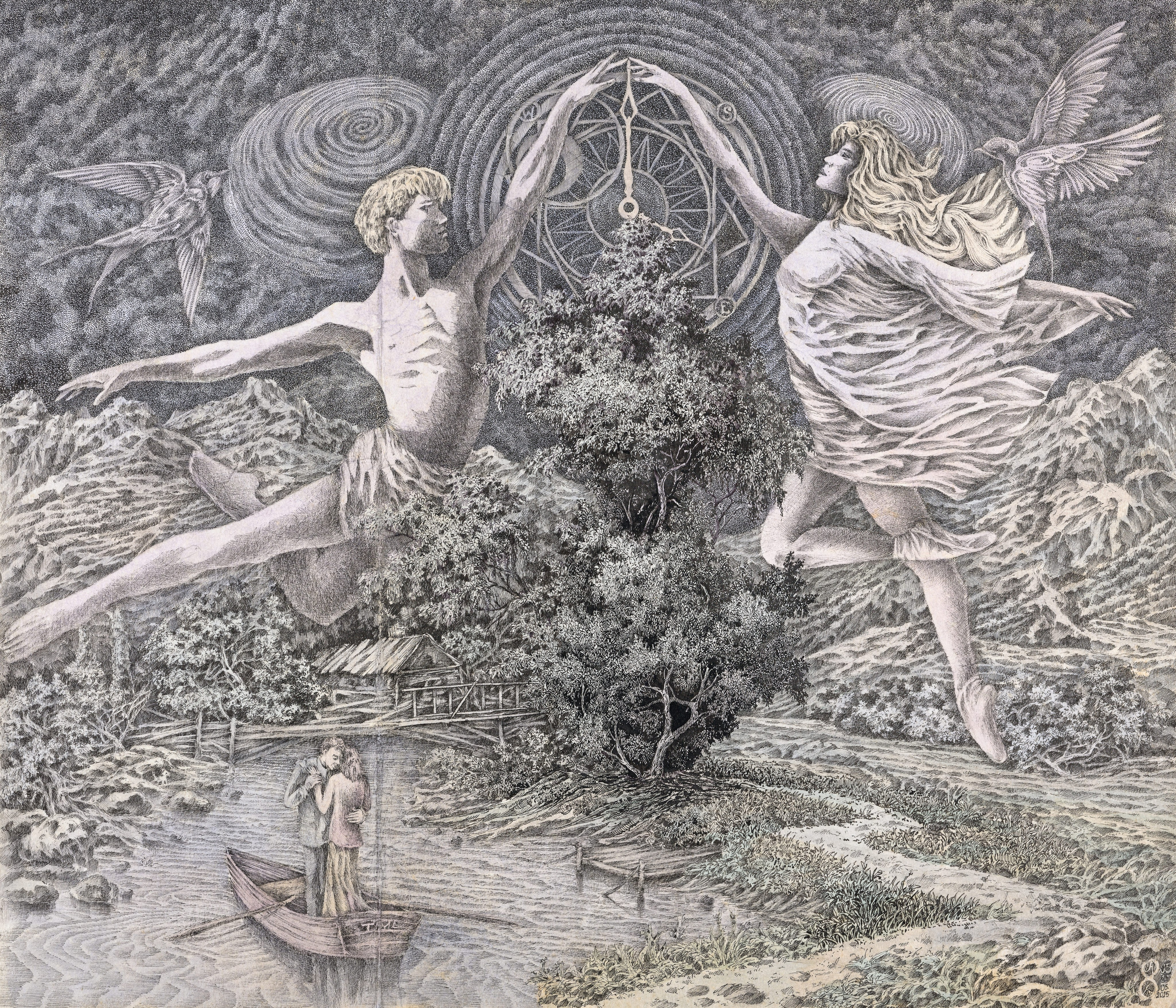 «Над временем» - художник Андрей Колесник (бумага, тушь, акварель, 36x42 см, 2025)