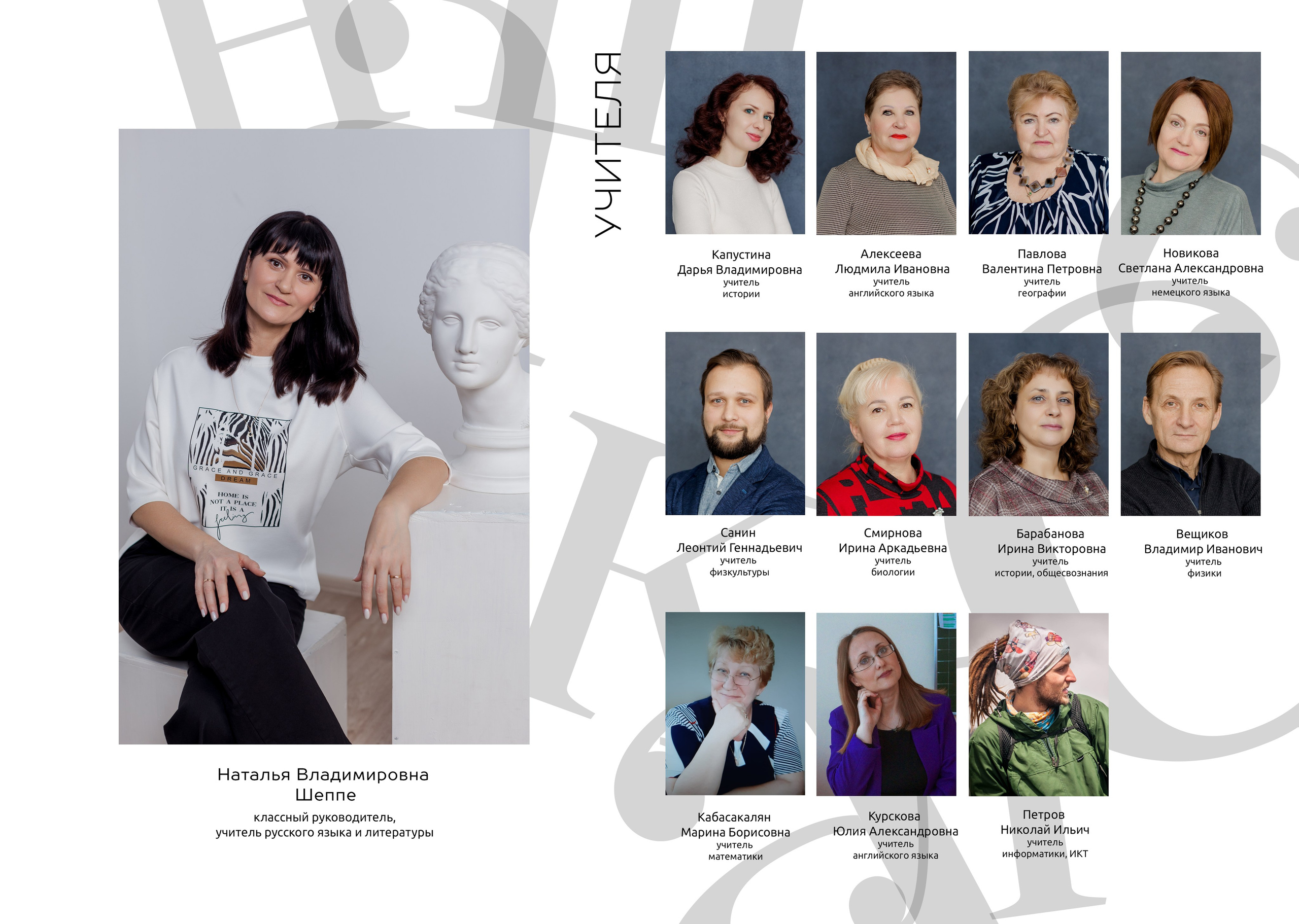 Разворот альбома, на котором расположены портреты всех учителей и классного руководителя