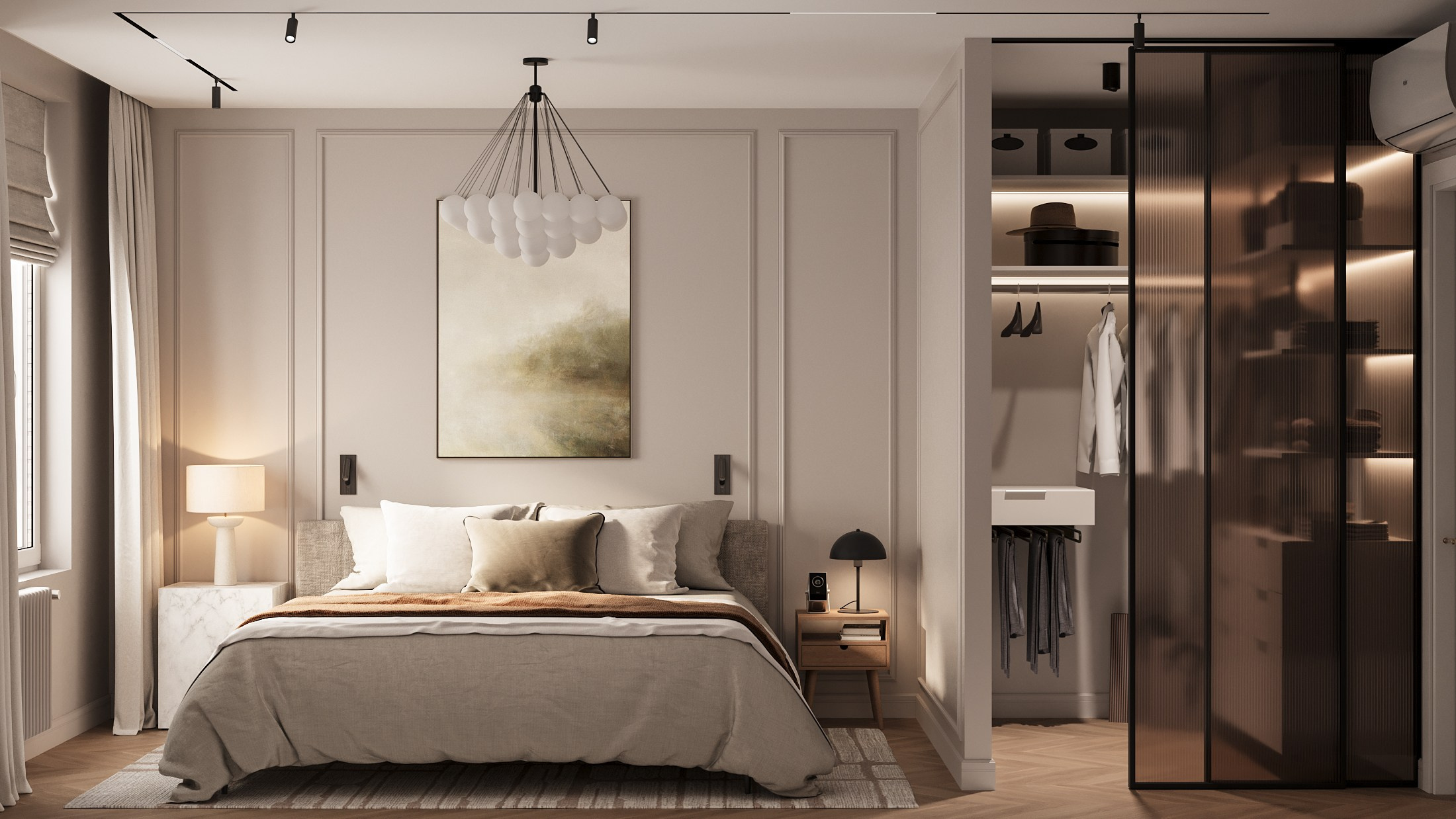 3д визуализация спальни в интерьере квартиры в современном классическом стиле 