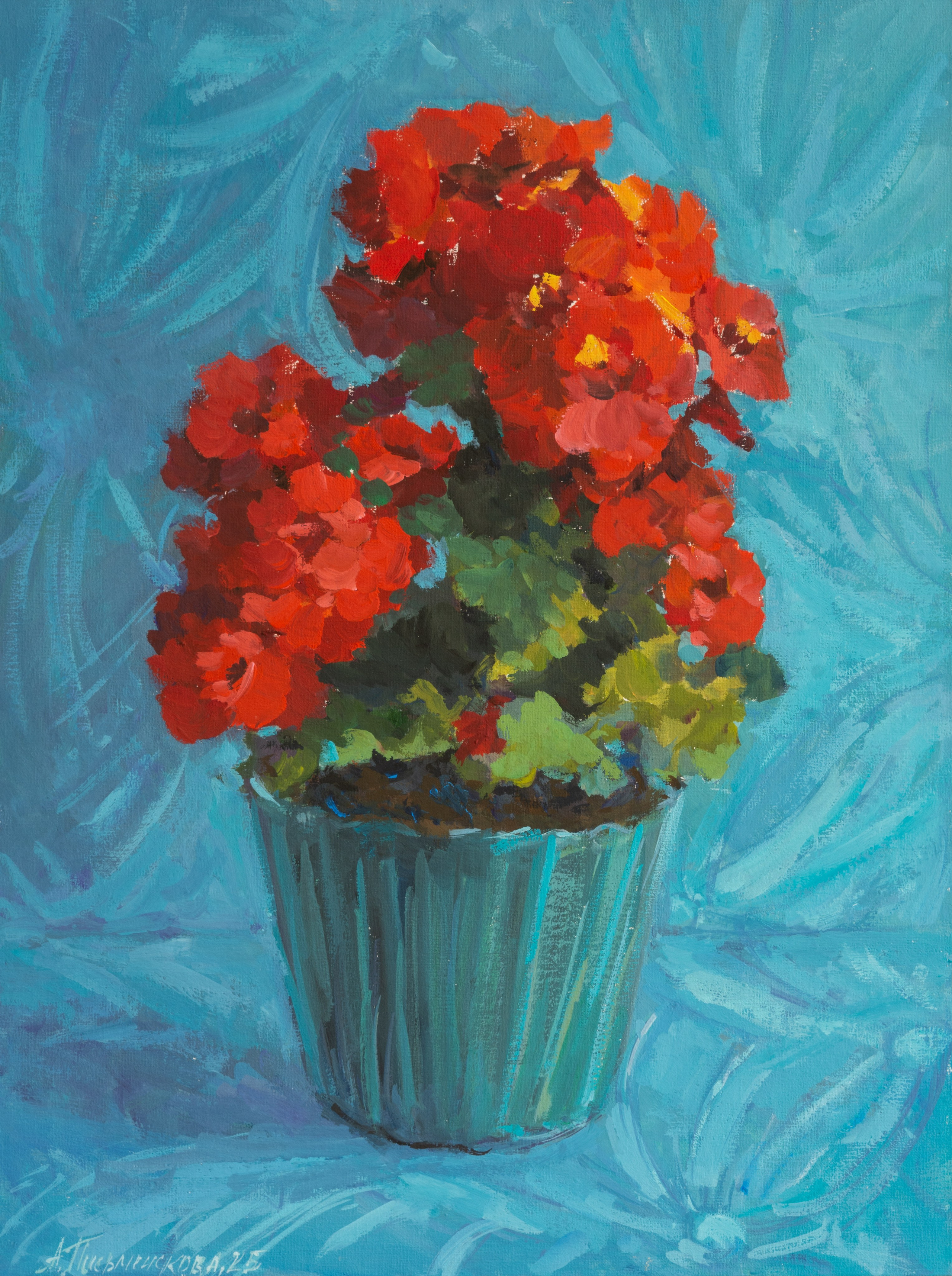 "Красная бегония" холст на картоне, гуашь 40х30см, 2025г