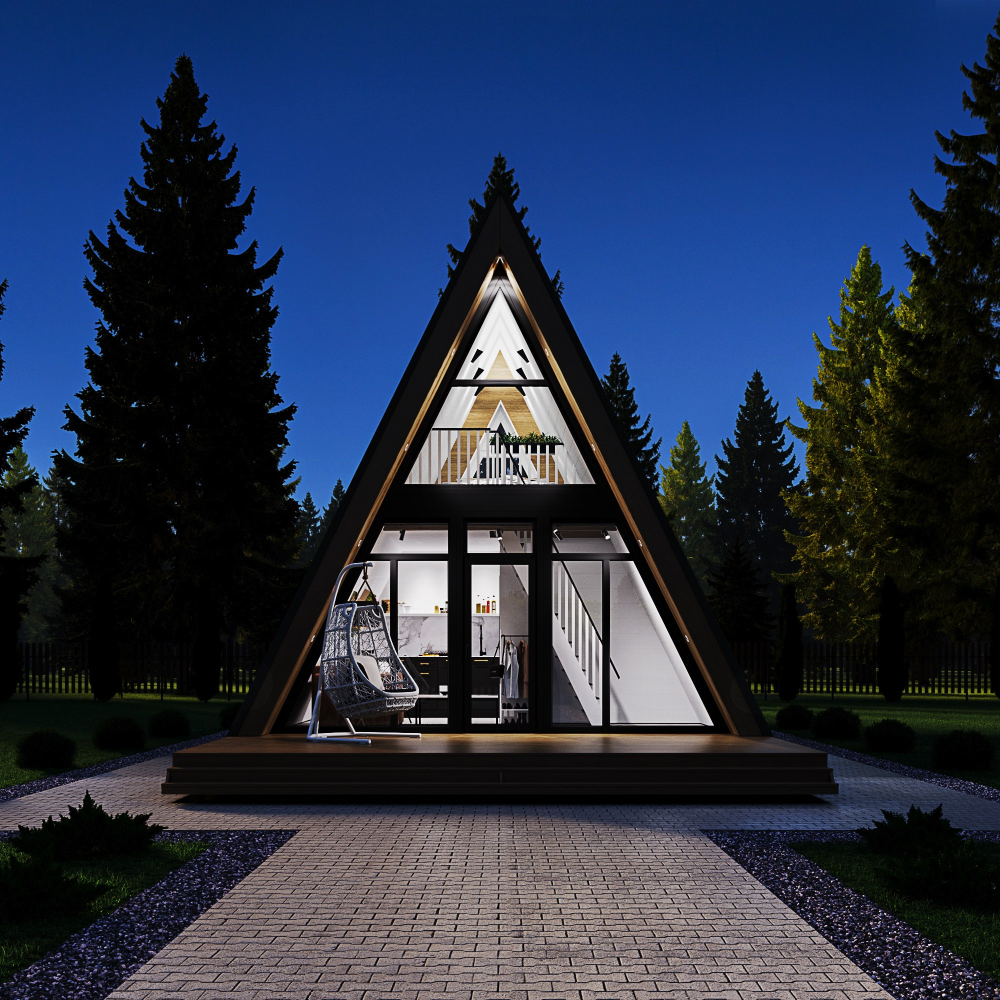 Ночной вид загородного A-образного дома с большой стеклянной фасадной стеной