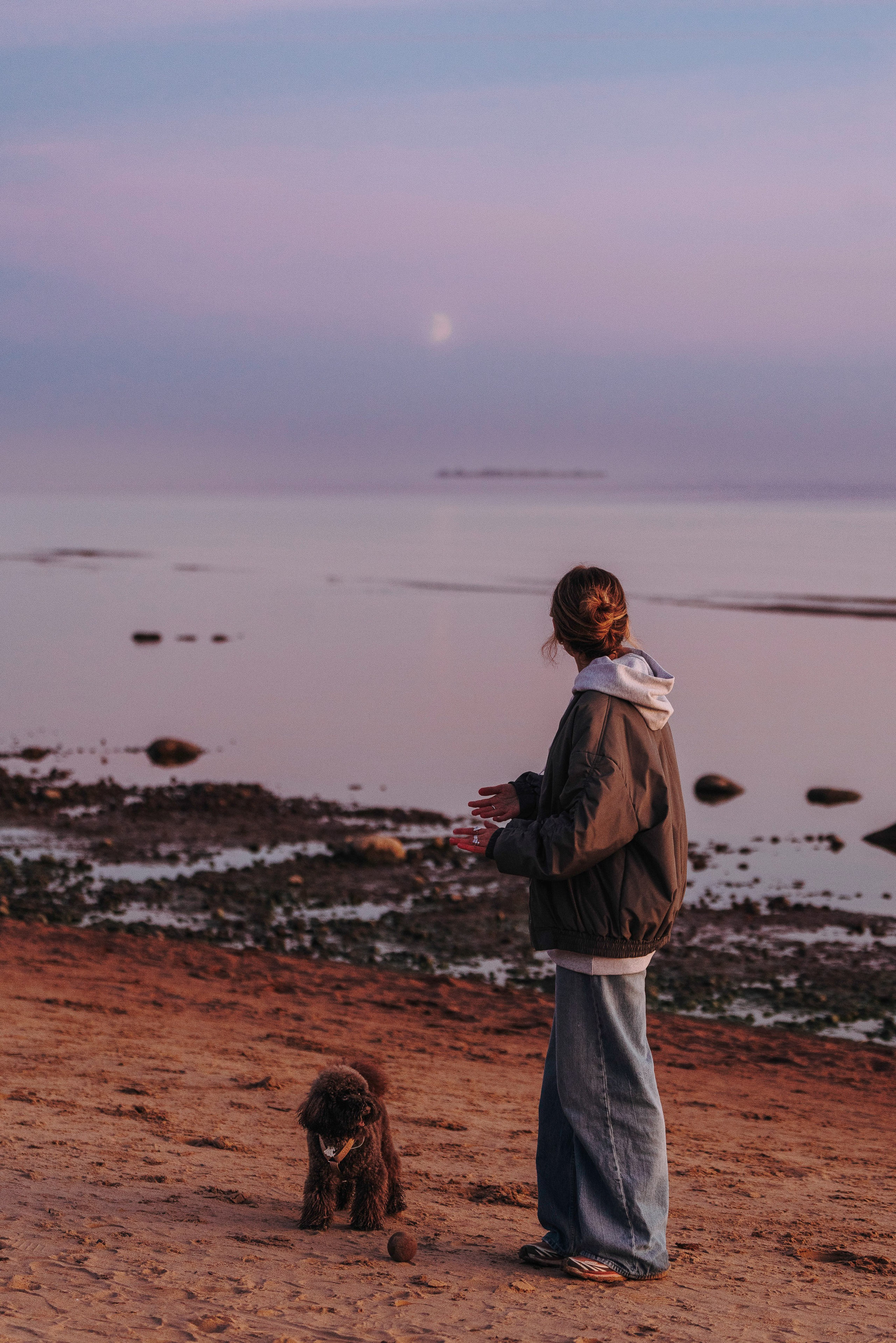 Фотосессия девушки с пуделем на пляже на закате. Фотограф анималист в Спб недорого Олеся Майорова