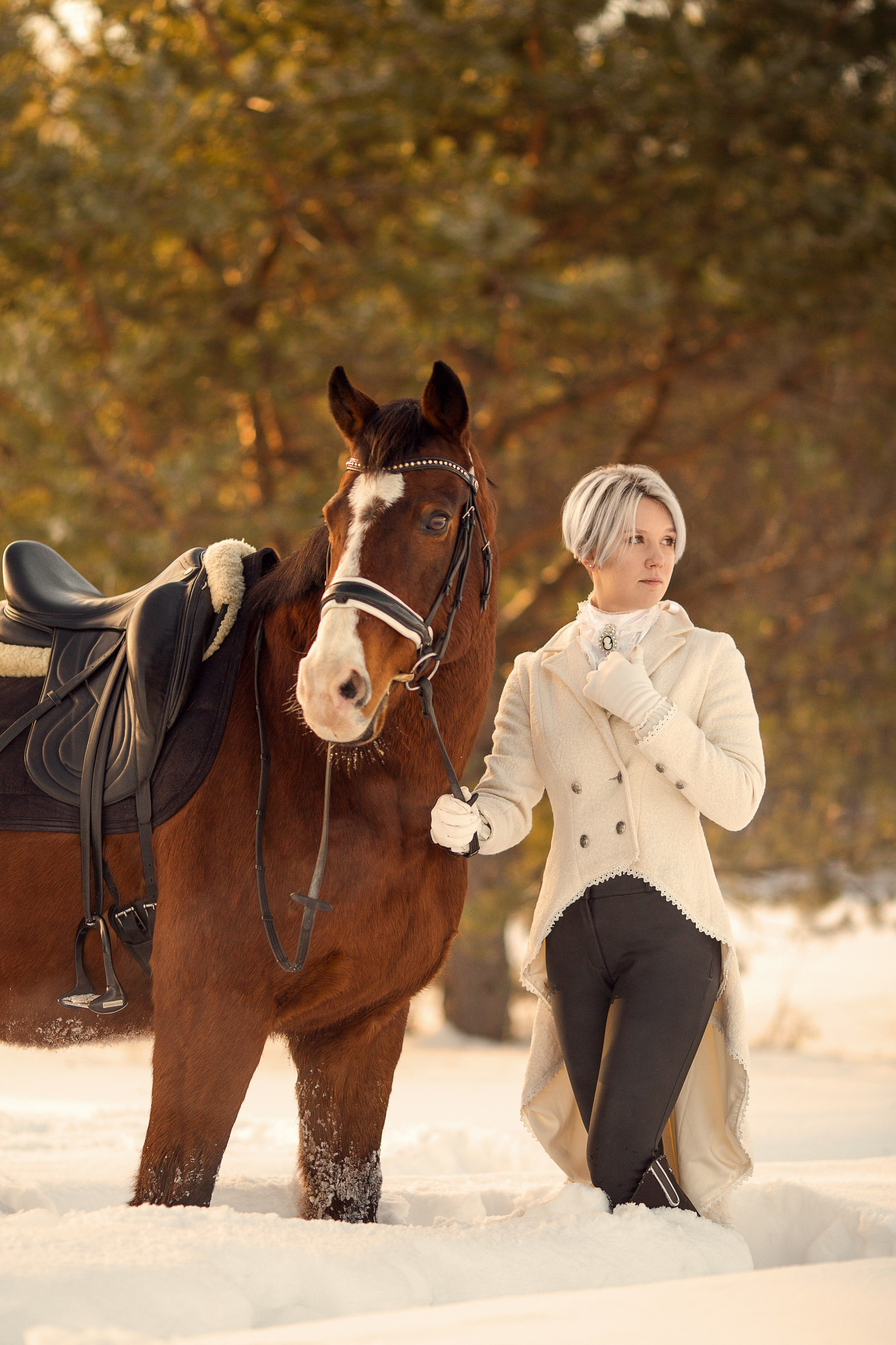 Фотосессия с лошадью зимой на фоне ёлок