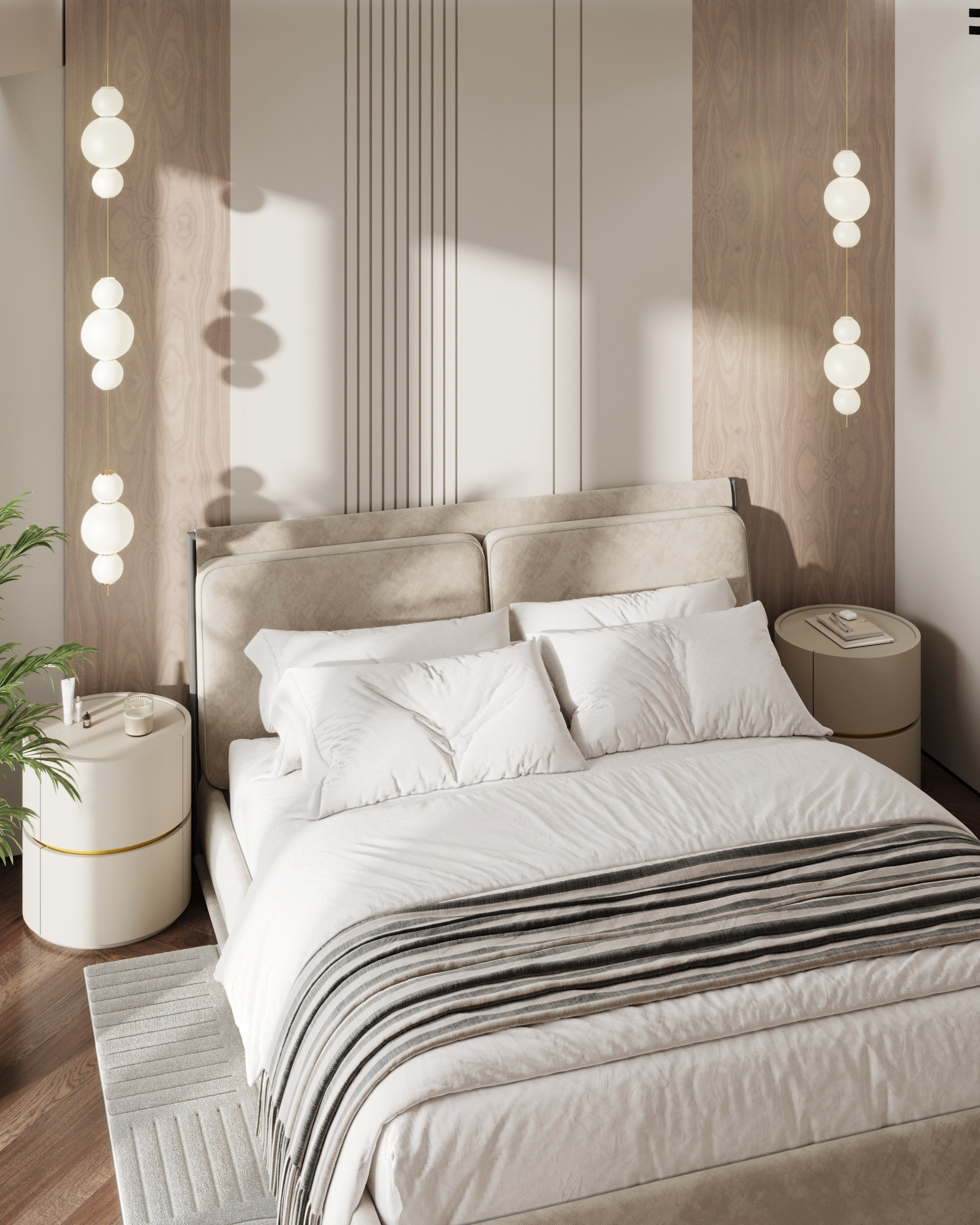 Детализированное изображение зоны кровати в спальне: мягкое изголовье, светлый текстиль