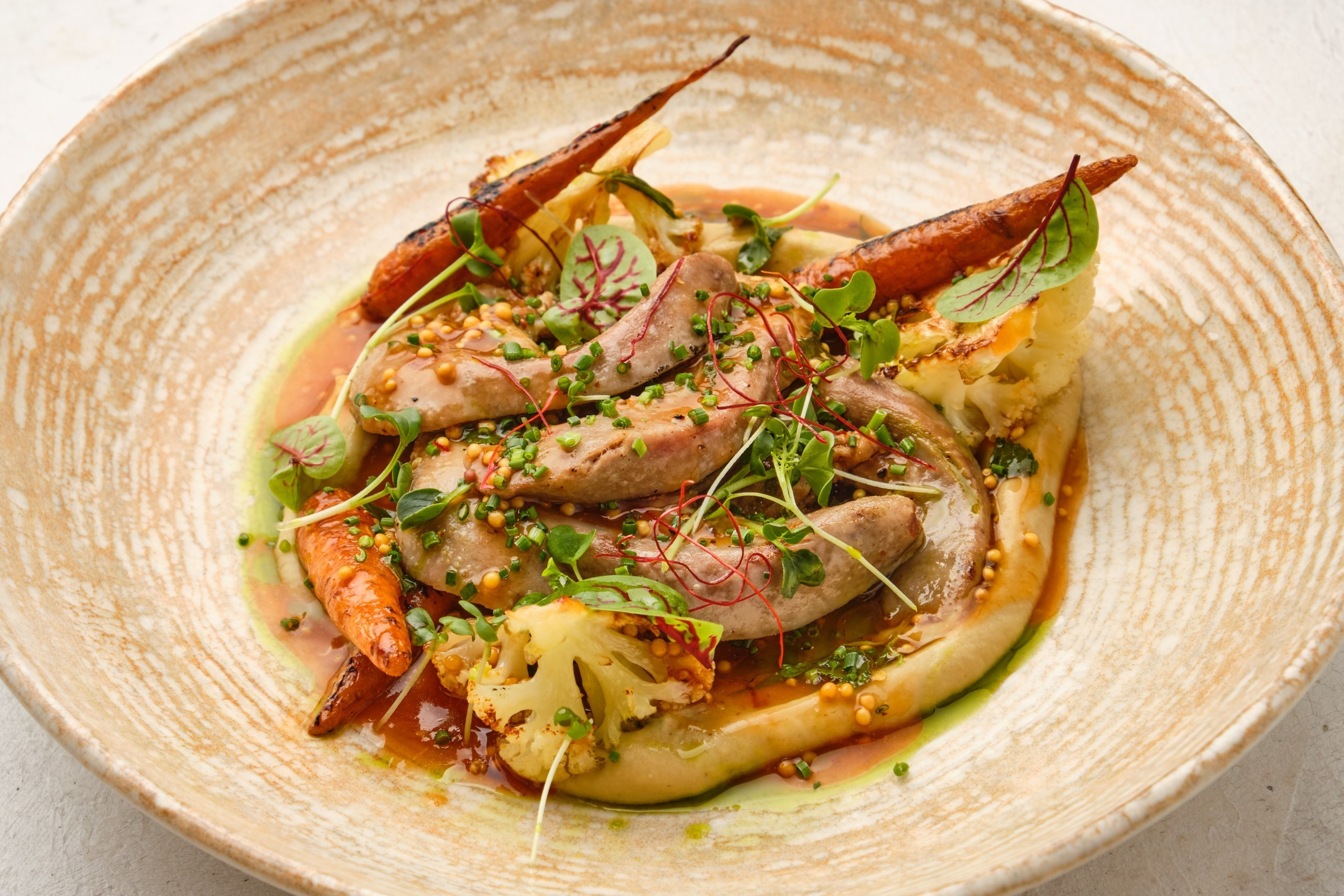 Food photography of warm meat salad for delivery and online menu