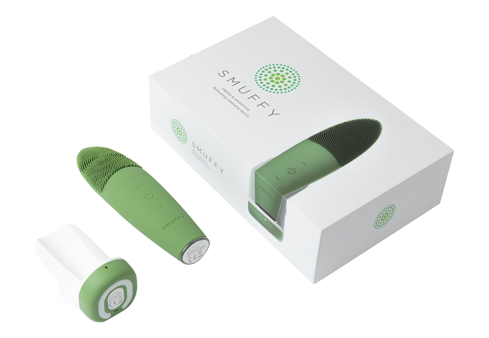 Массажер для лица смуффи на белом фоне коробка и подставка зарядка