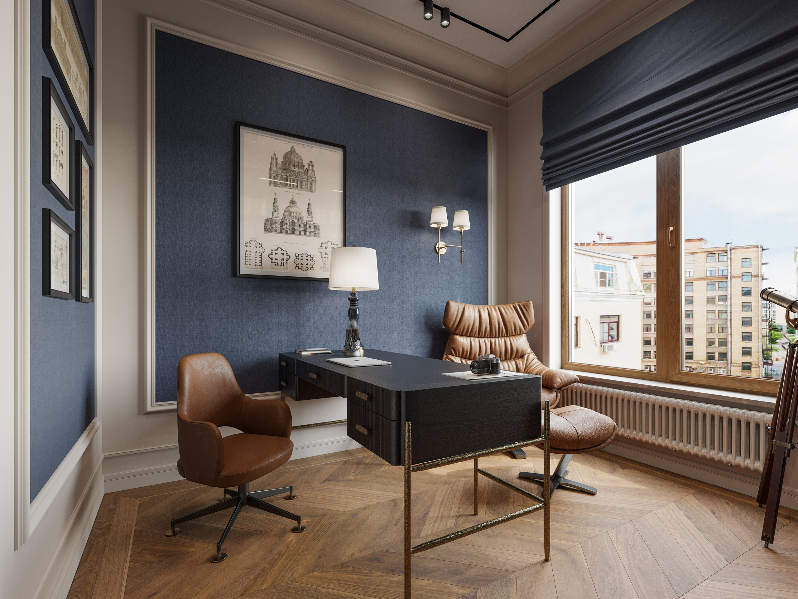 3D визуализация рабочего кабинета с кожаным креслом и массивным письменным столом