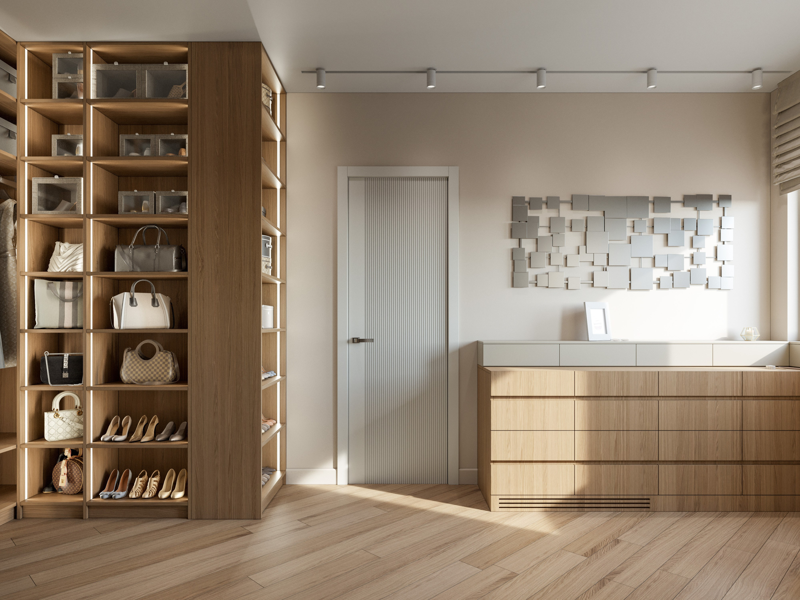 Гардеробная с деревянными шкафами и системой хранения в современном стиле
