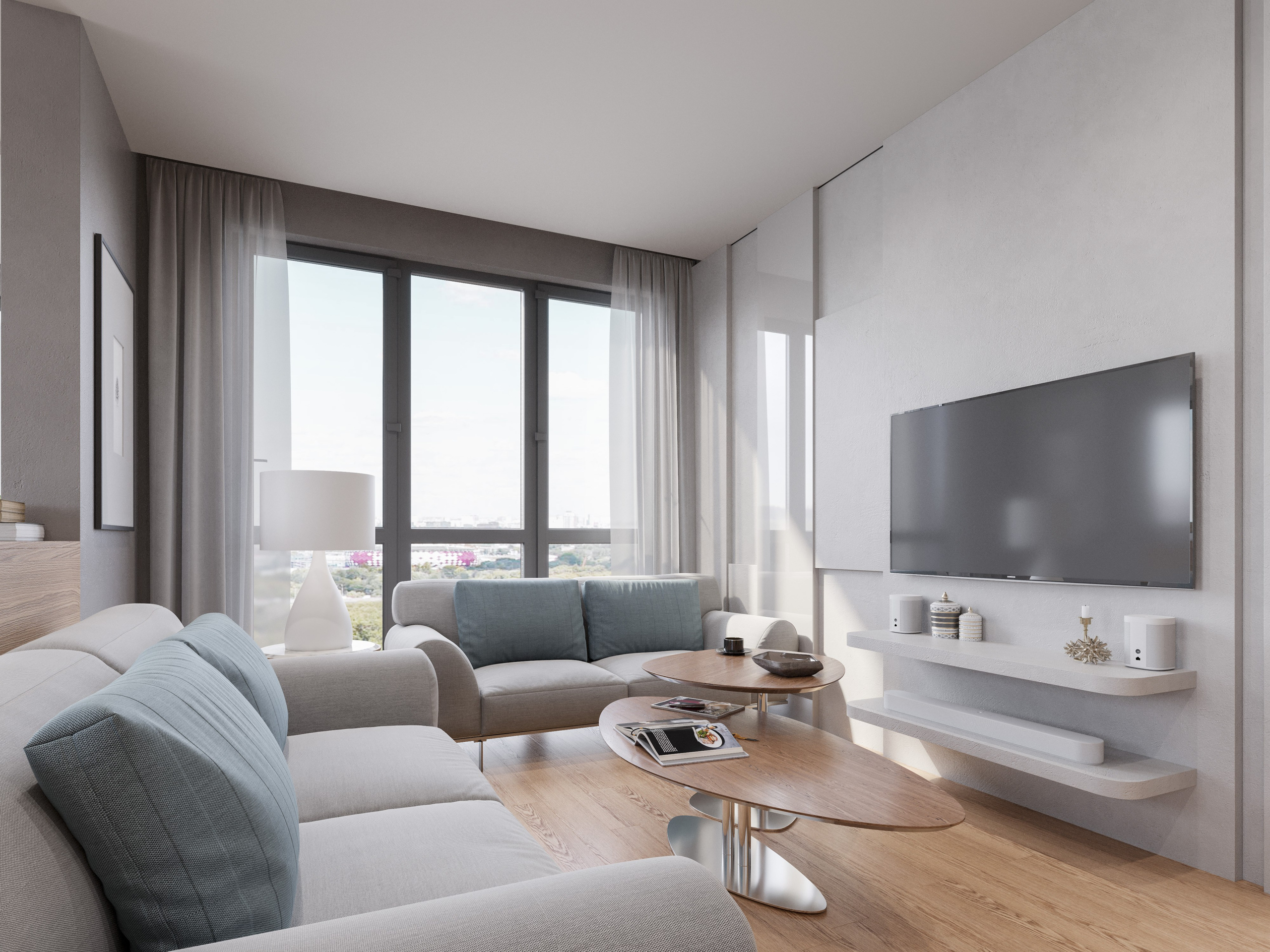 3D визуализация гостиной в современной квартире с панорамными окнами и отделкой деревом