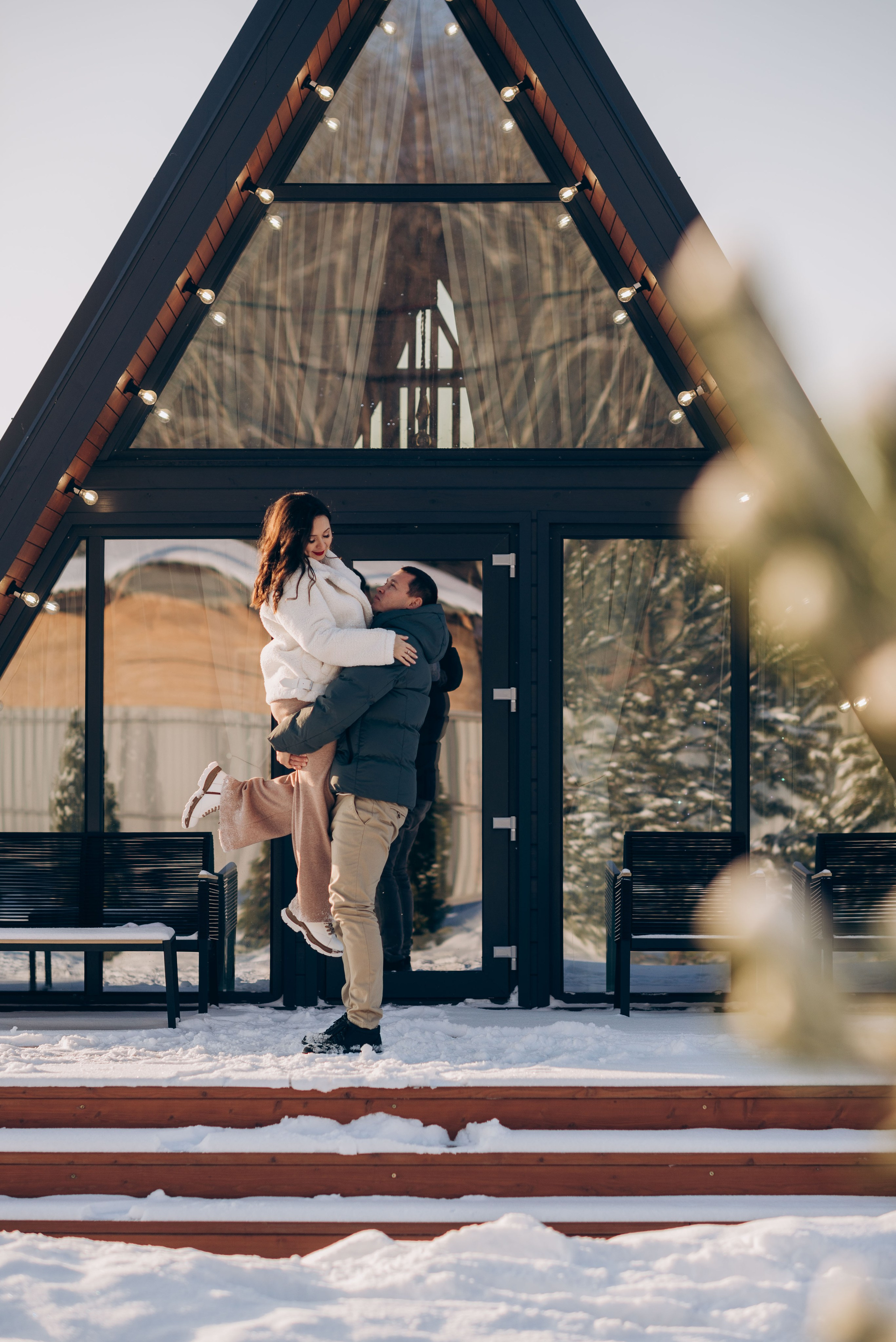 Зимняя фотосессия в домике A-frame. Семейный фотограф в Домодедово и Москве Елена Пичугина