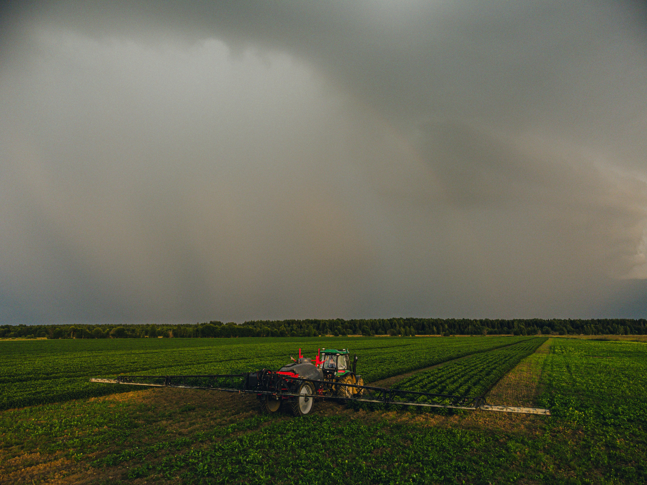 Удобрение картофеля при помощи трактора