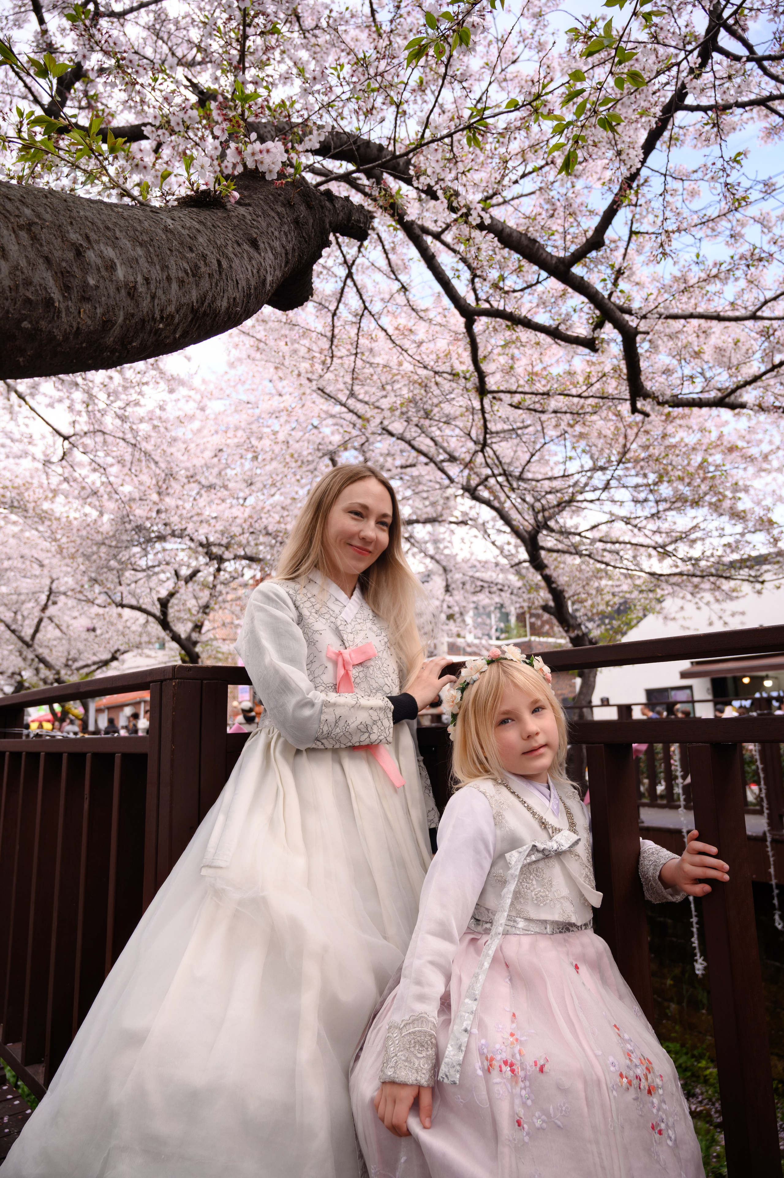 Mother and daughter in hanbok under blooming cherry blossoms — hanbok photoshoot in Busan · 釜山韩服写真