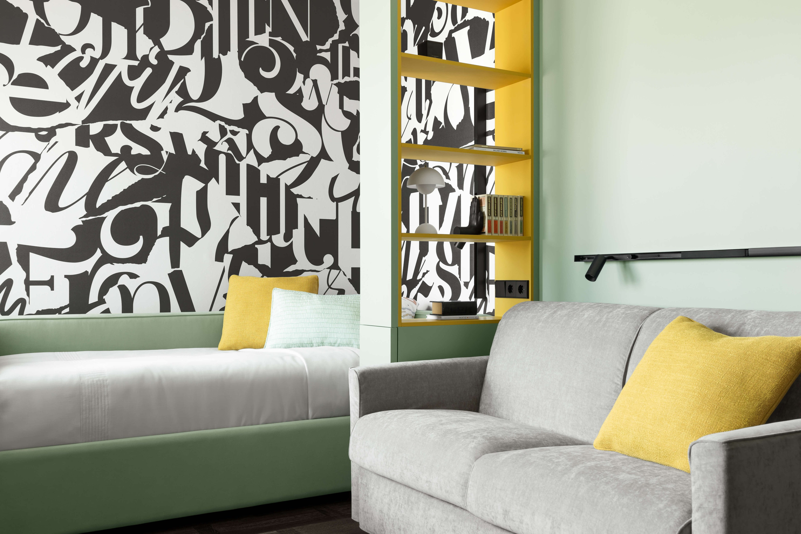 Детская комната в ЖК «Времена года» — акцентная стена с графичной типографикой, мебель на заказ и яркие акценты.