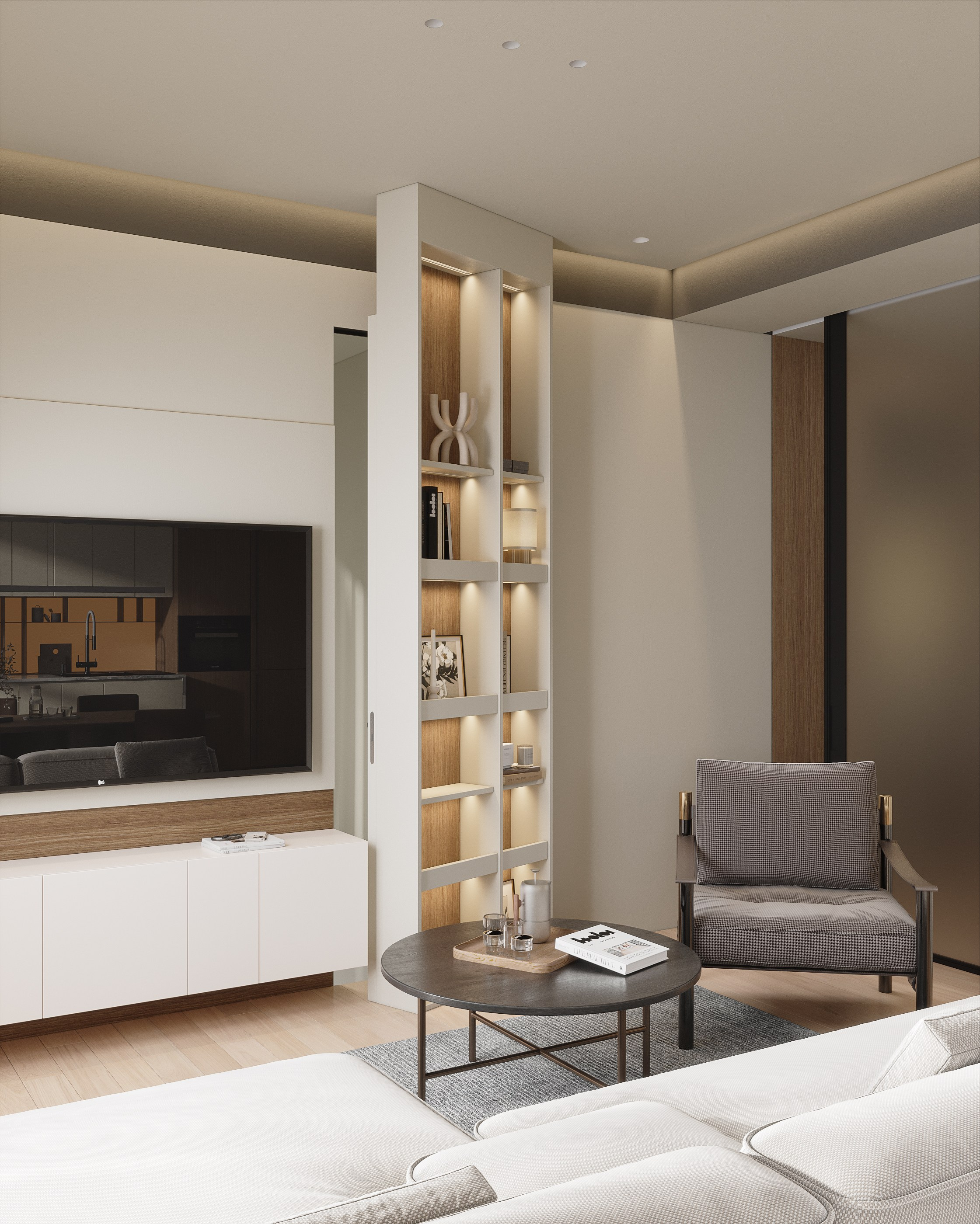 3D рендер минималистичной ТВ-зоны в гостиной с подвесным телевизором, открытыми полками и встроенными шкафами, создающий аккуратное и современное пространство.