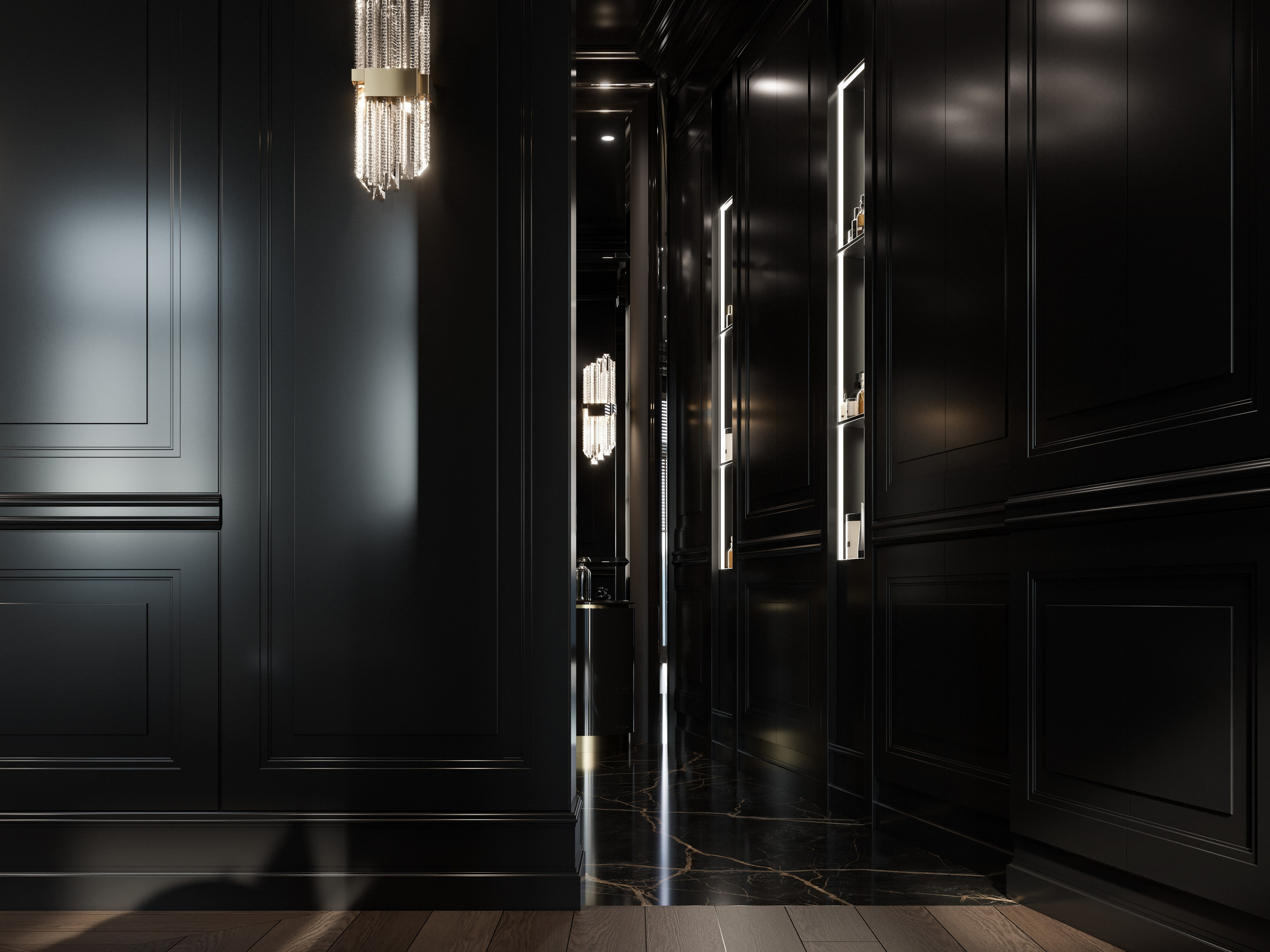 3D визуализация гардеробной в мужской спальне с черными фасадами шкафов