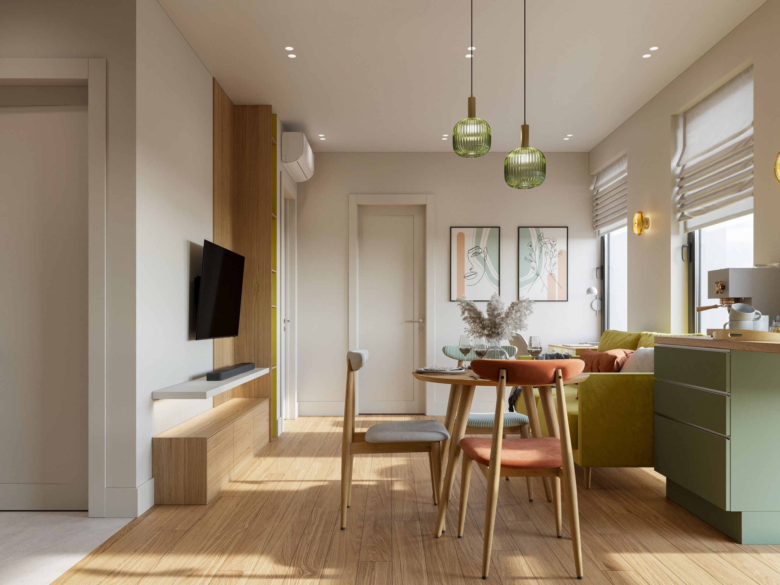 Обеденная зона с раскладным столом и разноцветными стульями в компактной квартире