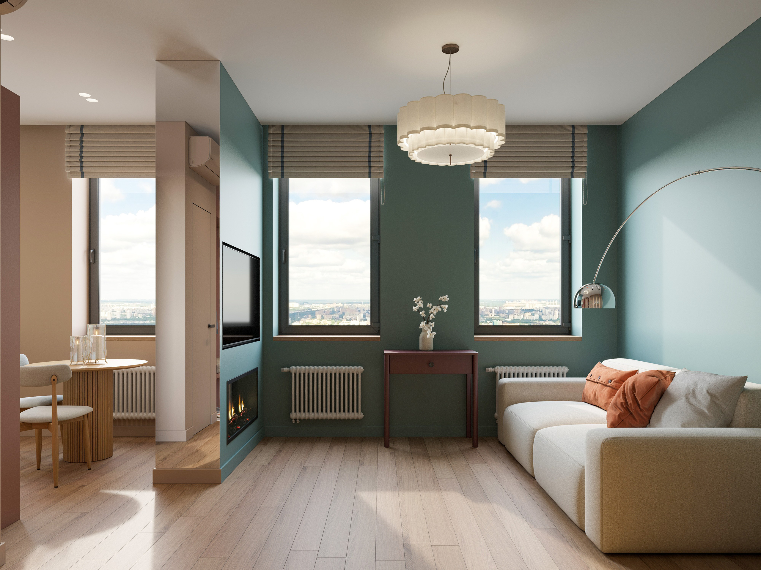 Умная планировка студии: кухня, совмещенная с гостиной в голубых тонах