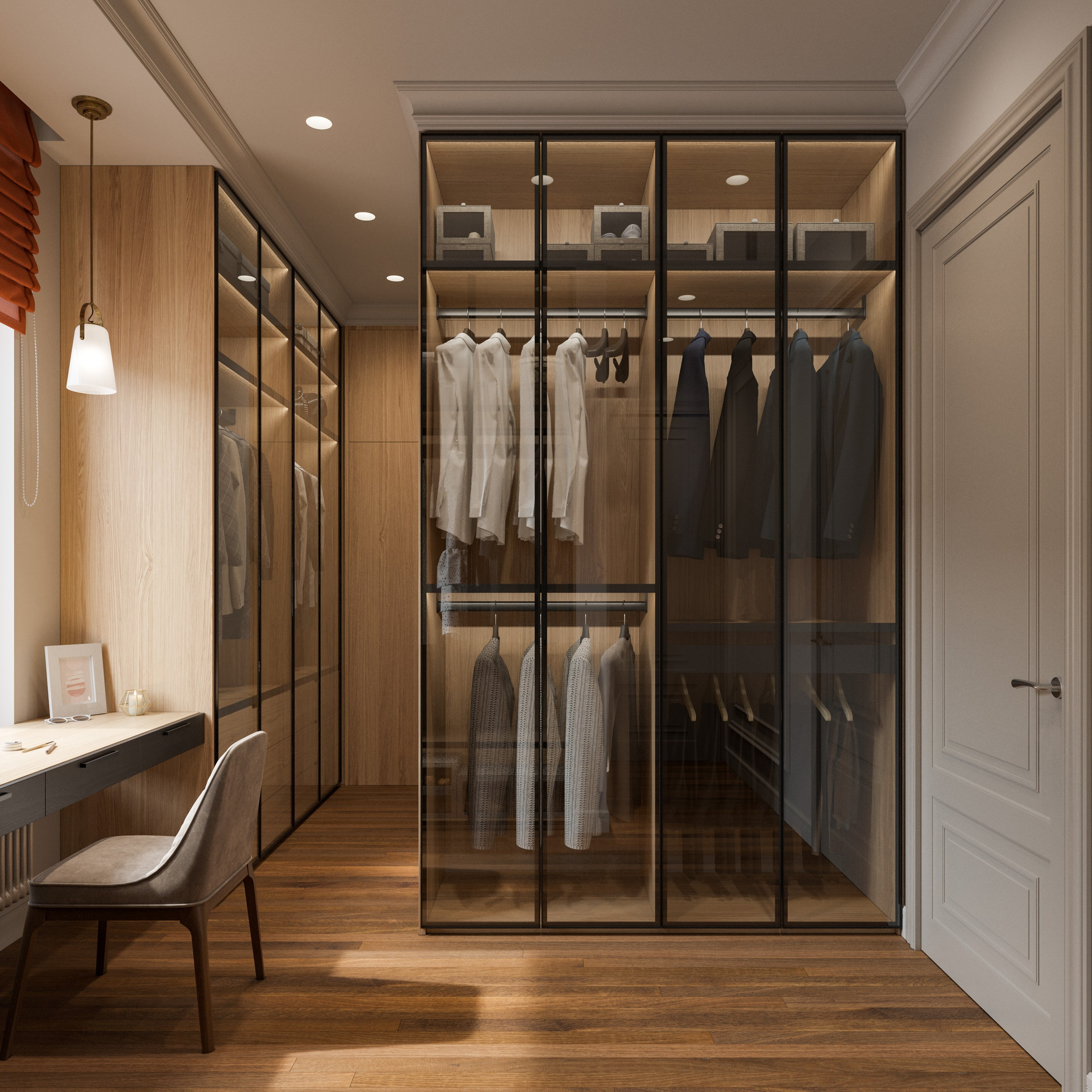 3D визуализация гардеробной комнаты с системой хранения из натурального дерева