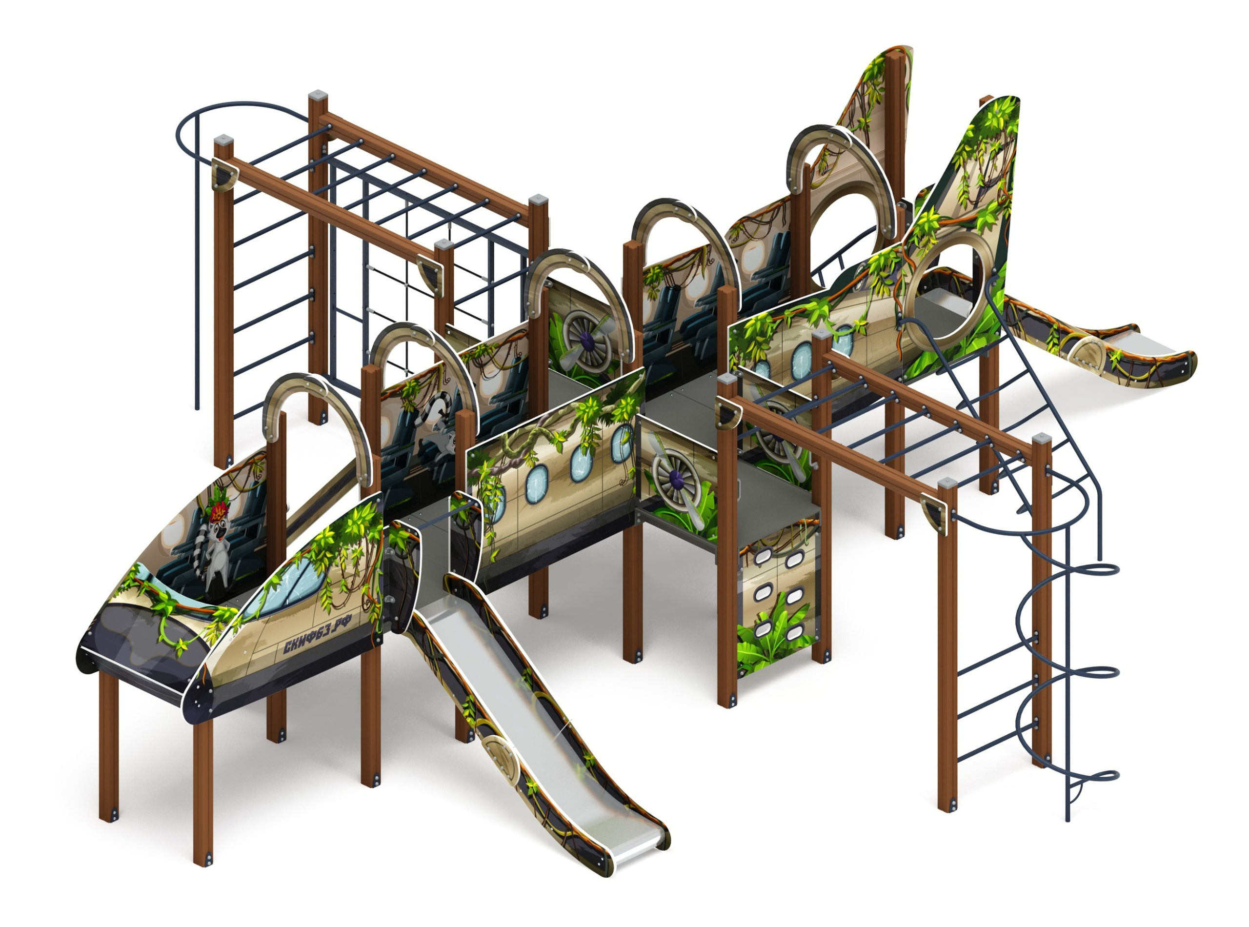 Аэроплан (В джунглях) - ДИК 2.03.4.04-02 - Игровой комплекс Н=1200                                                                                             Габариты (ШхДхВ): 8660x9920x3030                                                                                                                                                                     Зона безопасности, мм: 11660х13420                                                                                                                                                                      Скат горки: H=1200 (металлический скат)