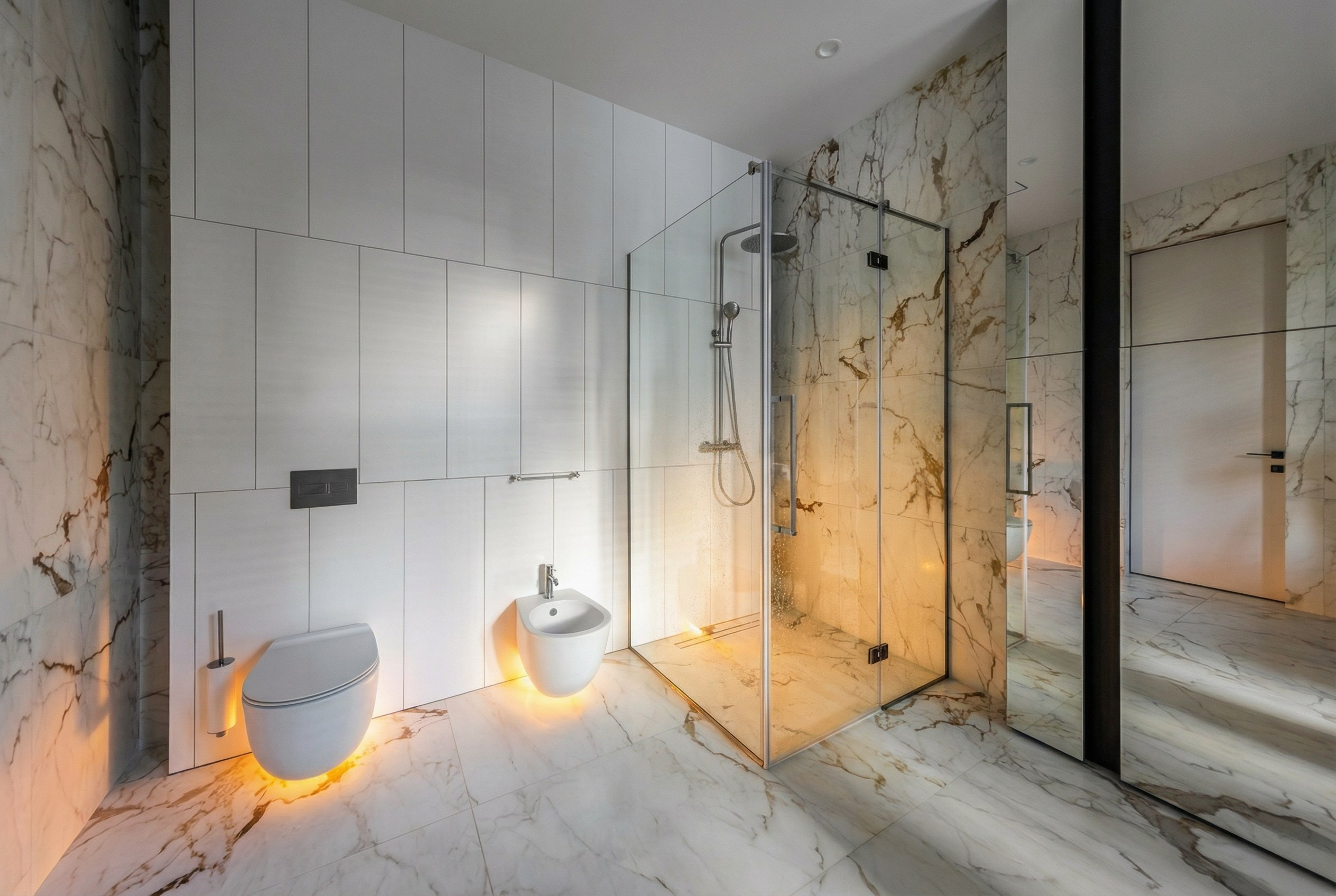 Современный интерьер санузла с отделкой под мрамор, парящей подвесной сантехникой с подсветкой и стеклянной душевой кабиной, проект Валерии Котович в Подмосковье.
