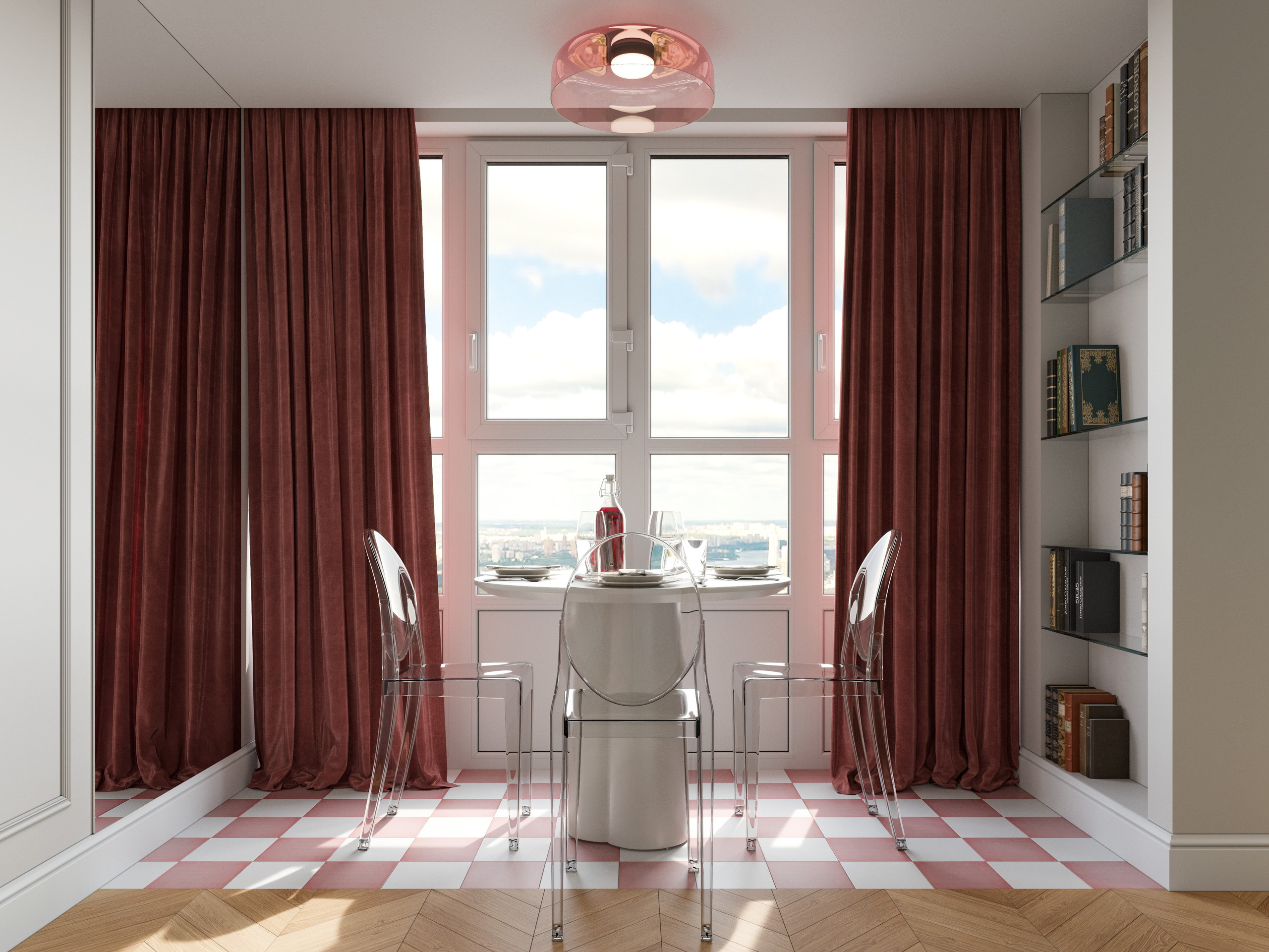 Обеденная зона в бардовых тонах с белым столом и прозрачными стульями - 3D рендер