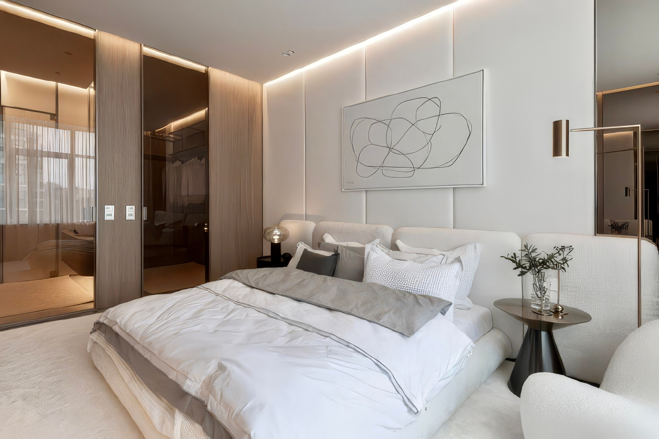 Спальня с мягким изголовьем кровати и стеклянной гардеробной с подсветкой | Валерия Котович