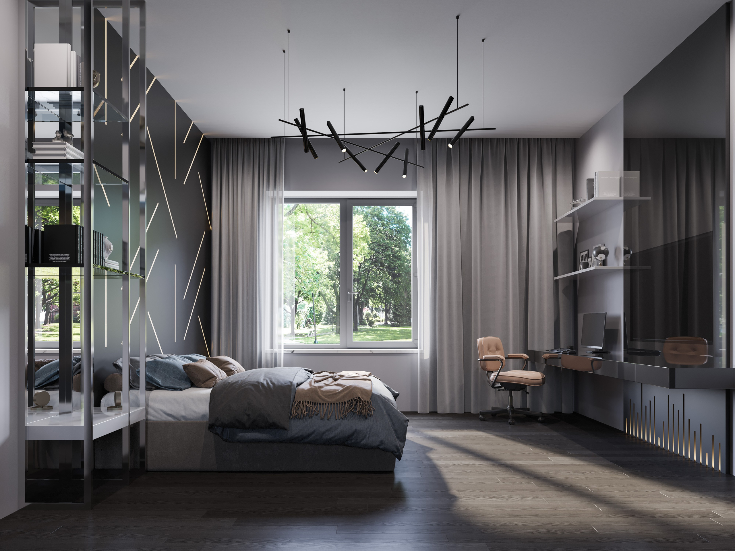 Фотореалистичный рендер детской для подростка: деревянный пол и глянцевые вставки в стене