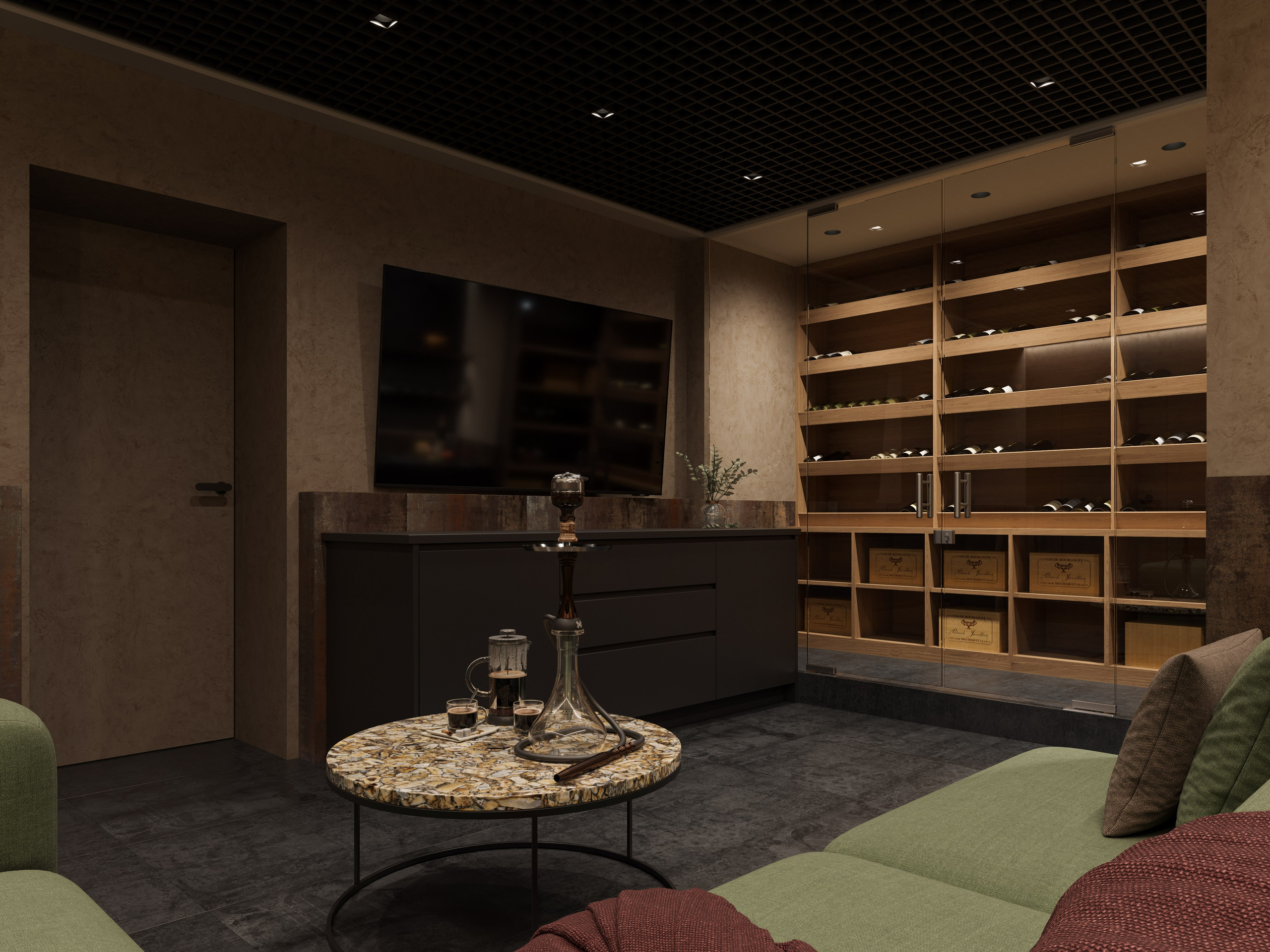 Визуализация комнаты с винными стеллажами за стеклянной перегородкой