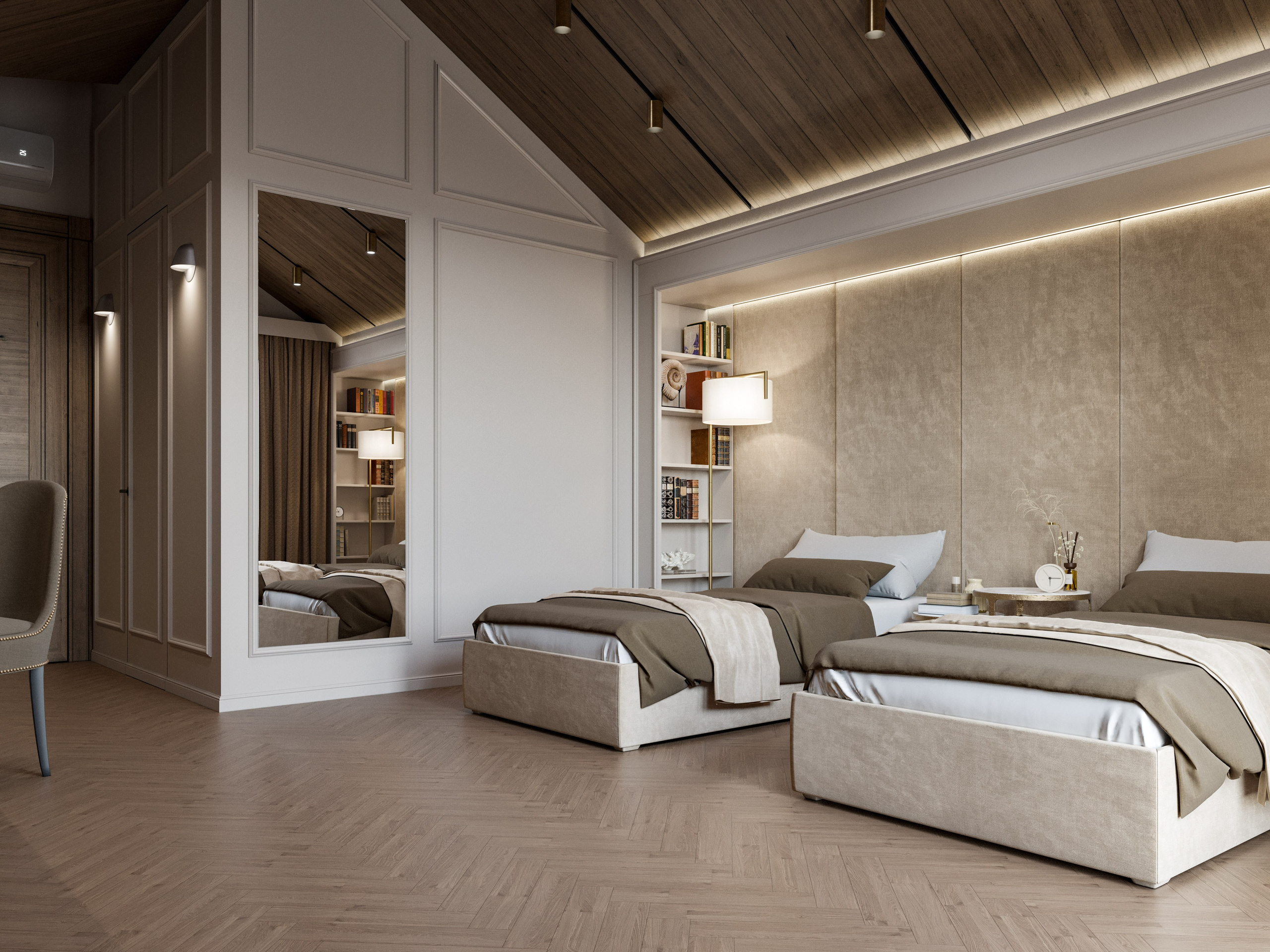 Гостевая комната в бревенчатом доме с текстильными стенами и минималистичным декором