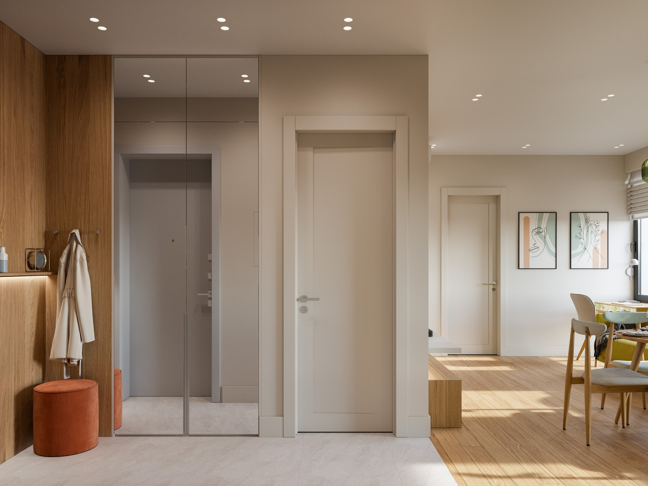 Минималистичная прихожая с зеркалом во всю стену и красным пуфом