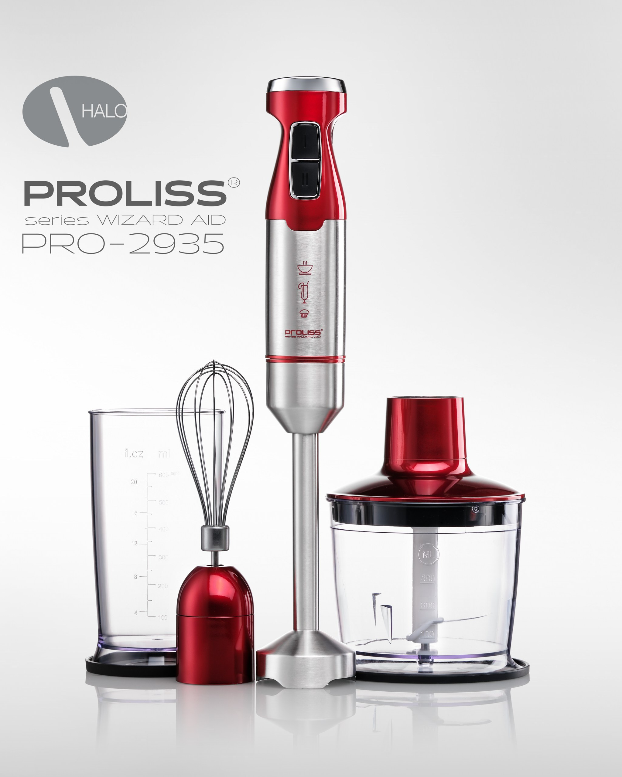 Кухонный блендер PROLISS с насадками на белом фоне
