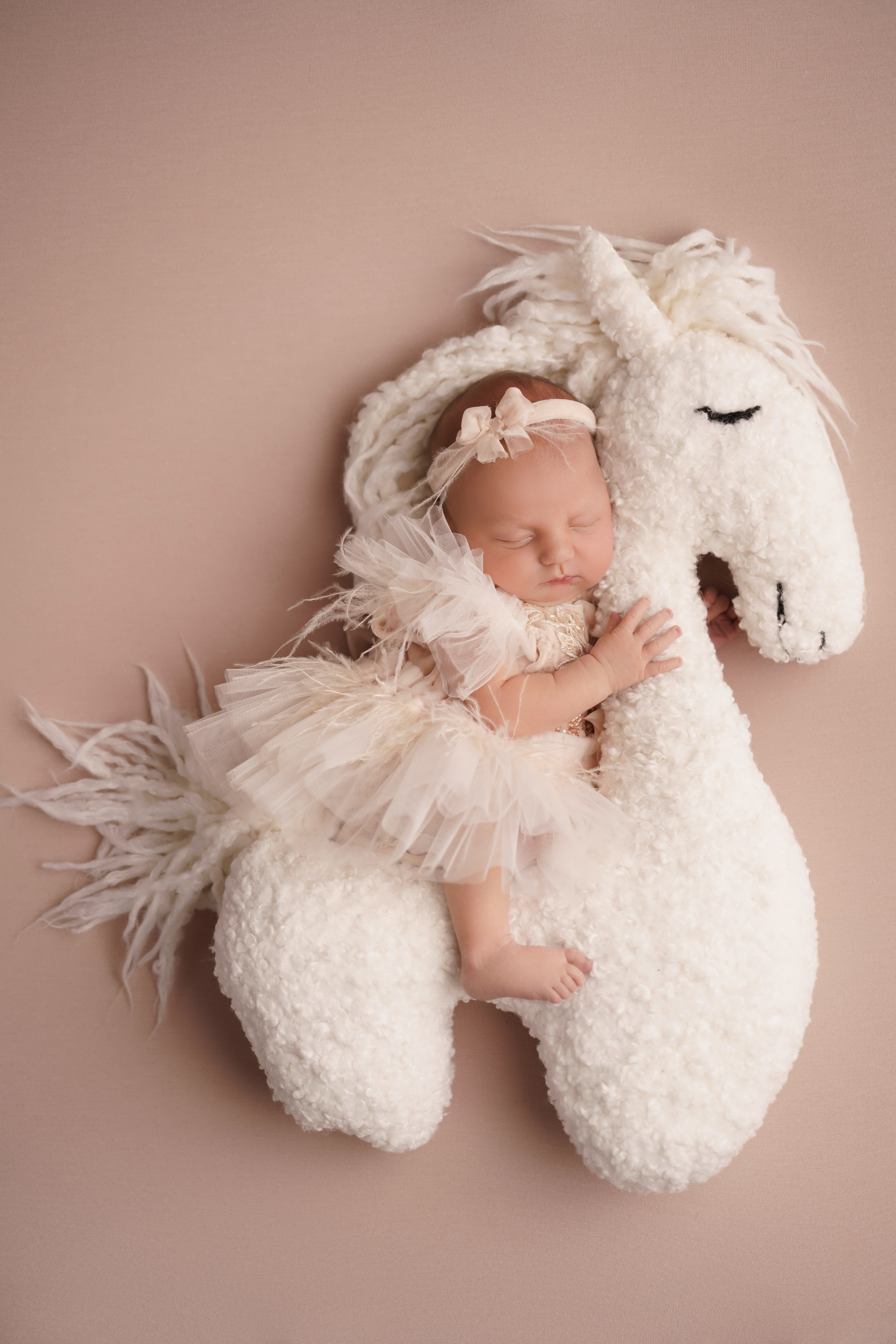 Девочка в платье с перышками спит на игрушечной лошадке - волшебные newborn-фото