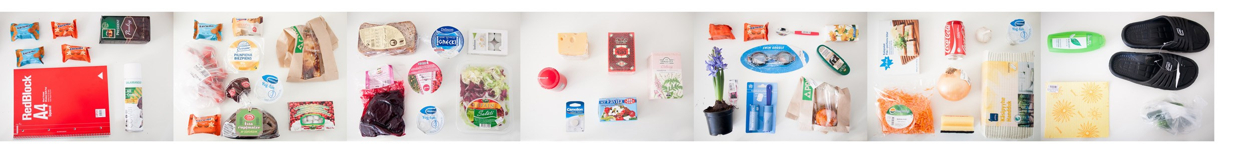 One of four sheets with nearly all items purchased by artist at Prizma supermarket during the course of the residence for the total of 172.84 EUR. Only 11.64 EUR saved through buying items on promotional actions.