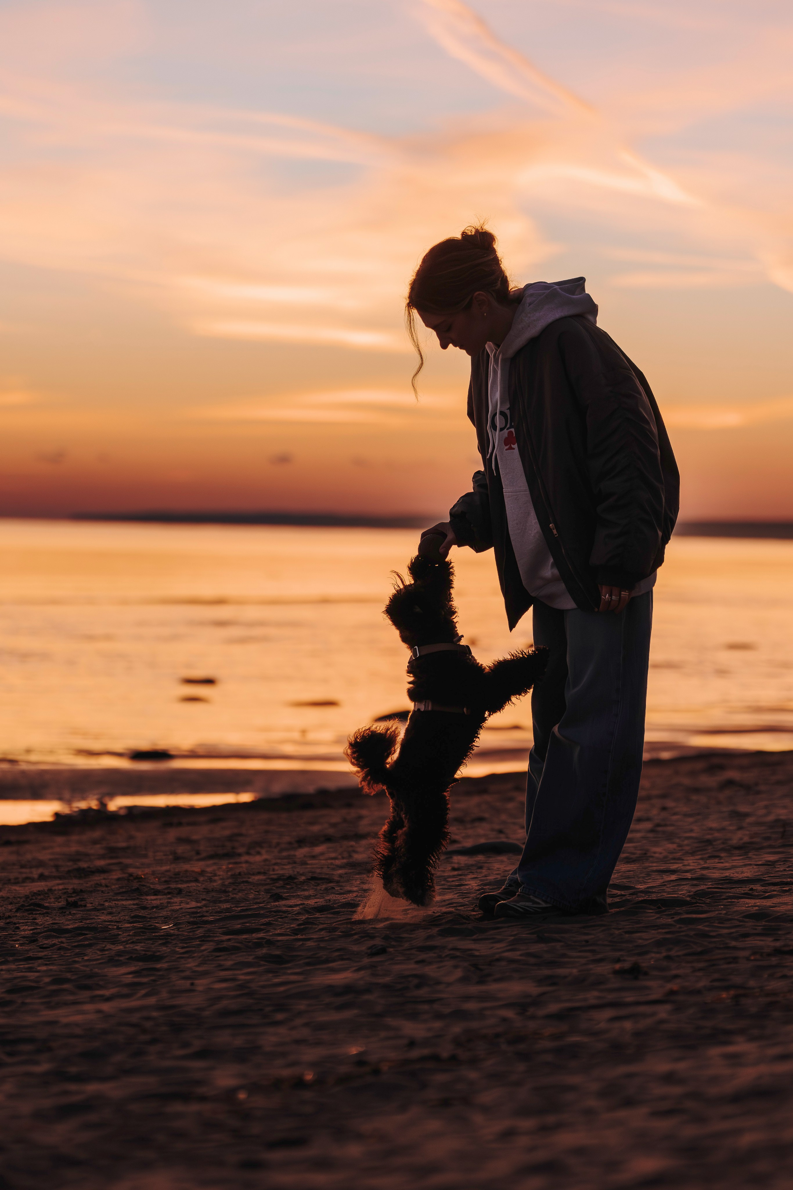 Фотосессия девушки с пуделем на пляже на закате. Фотограф анималист в Спб недорого Олеся Майорова
