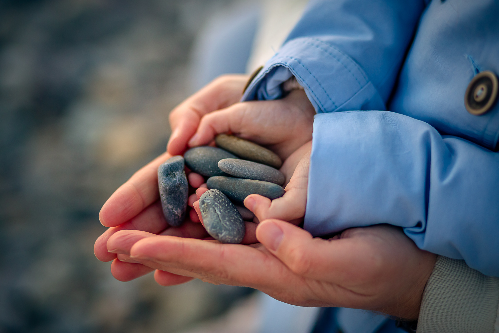 Руки папы и дочки на фоне морских камней