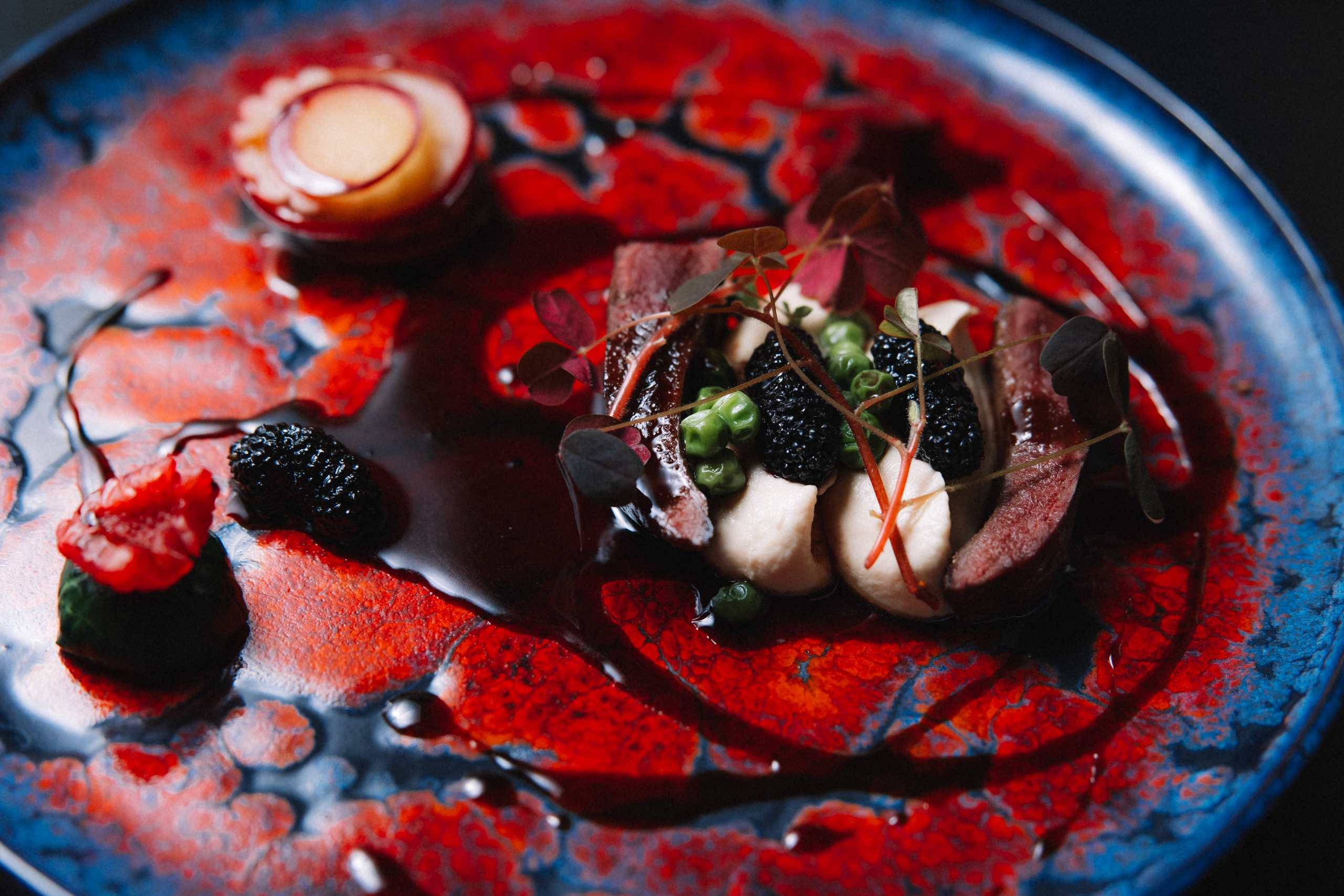 Гастрономия: Изысканная подача мясного блюда с ярким ягодным соусом и зеленью на темной тарелке.