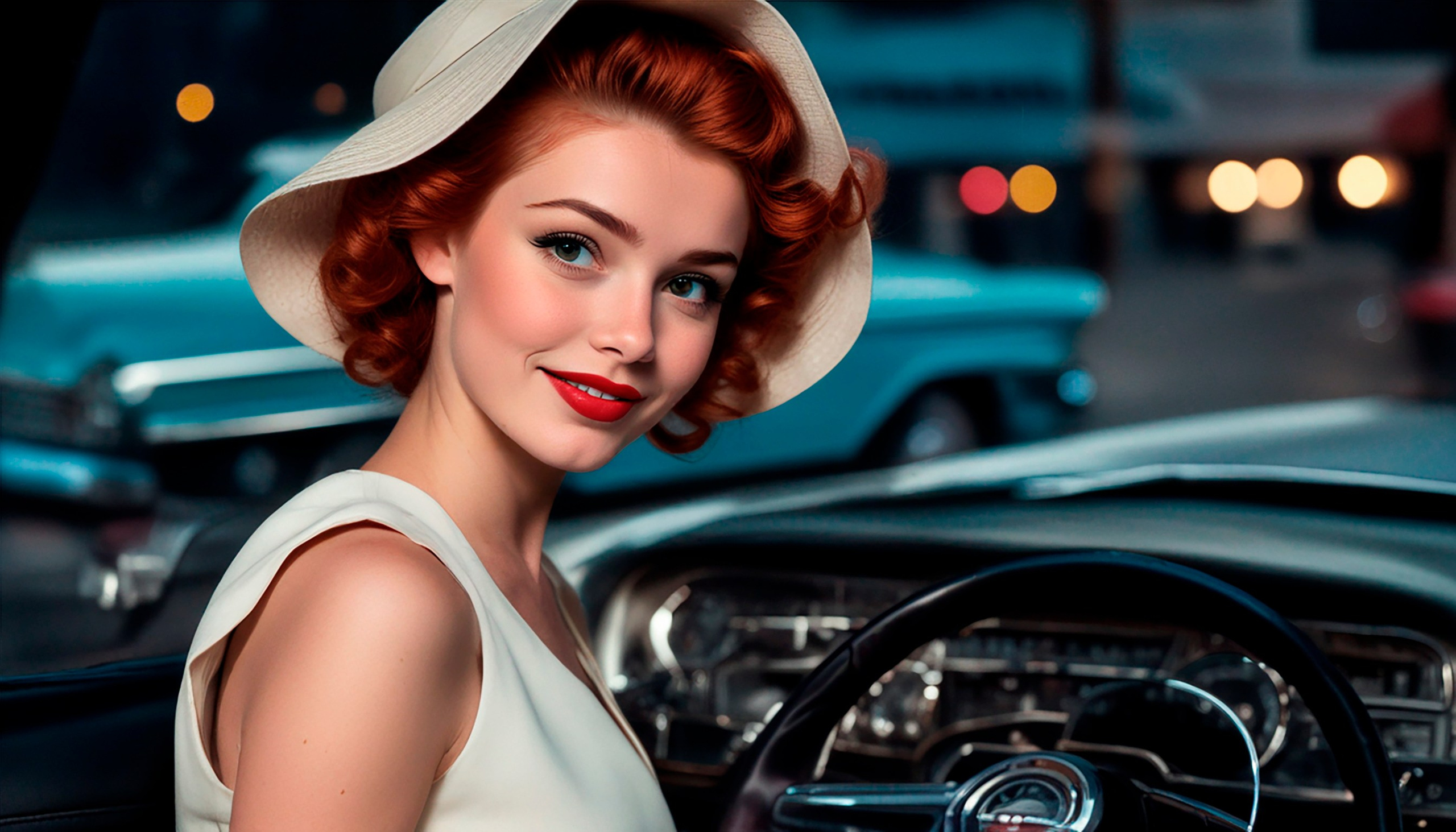 Smiling fiery-haired girl in the cabin of an open car, America of the 50s..