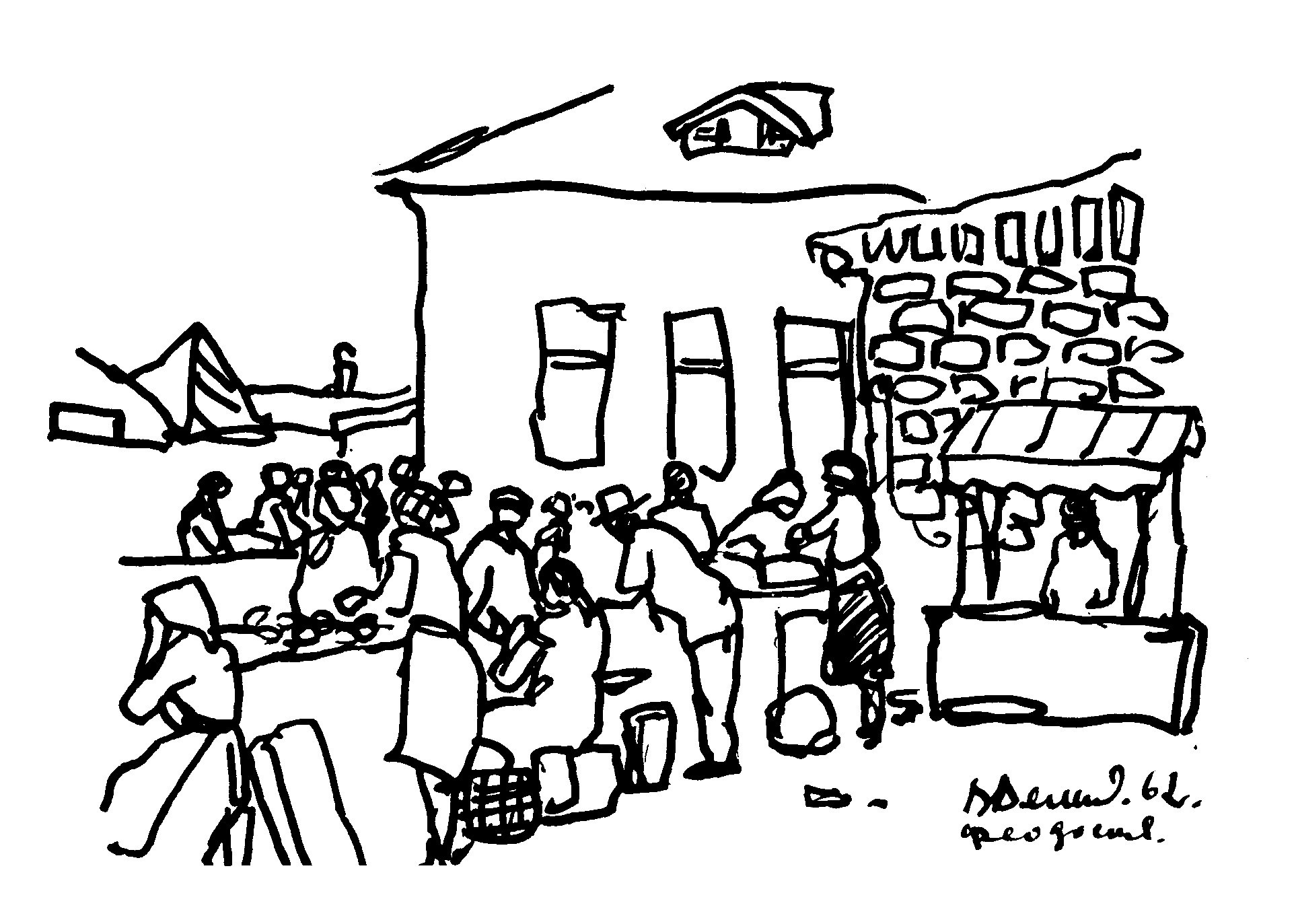 1962.На рынке в Феодосии.Тушь,перо редис